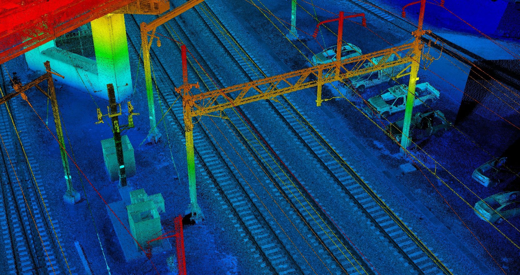 Colourized LiDAR point cloud showing rail signal and track infrastructure on a SEPTA corridor.