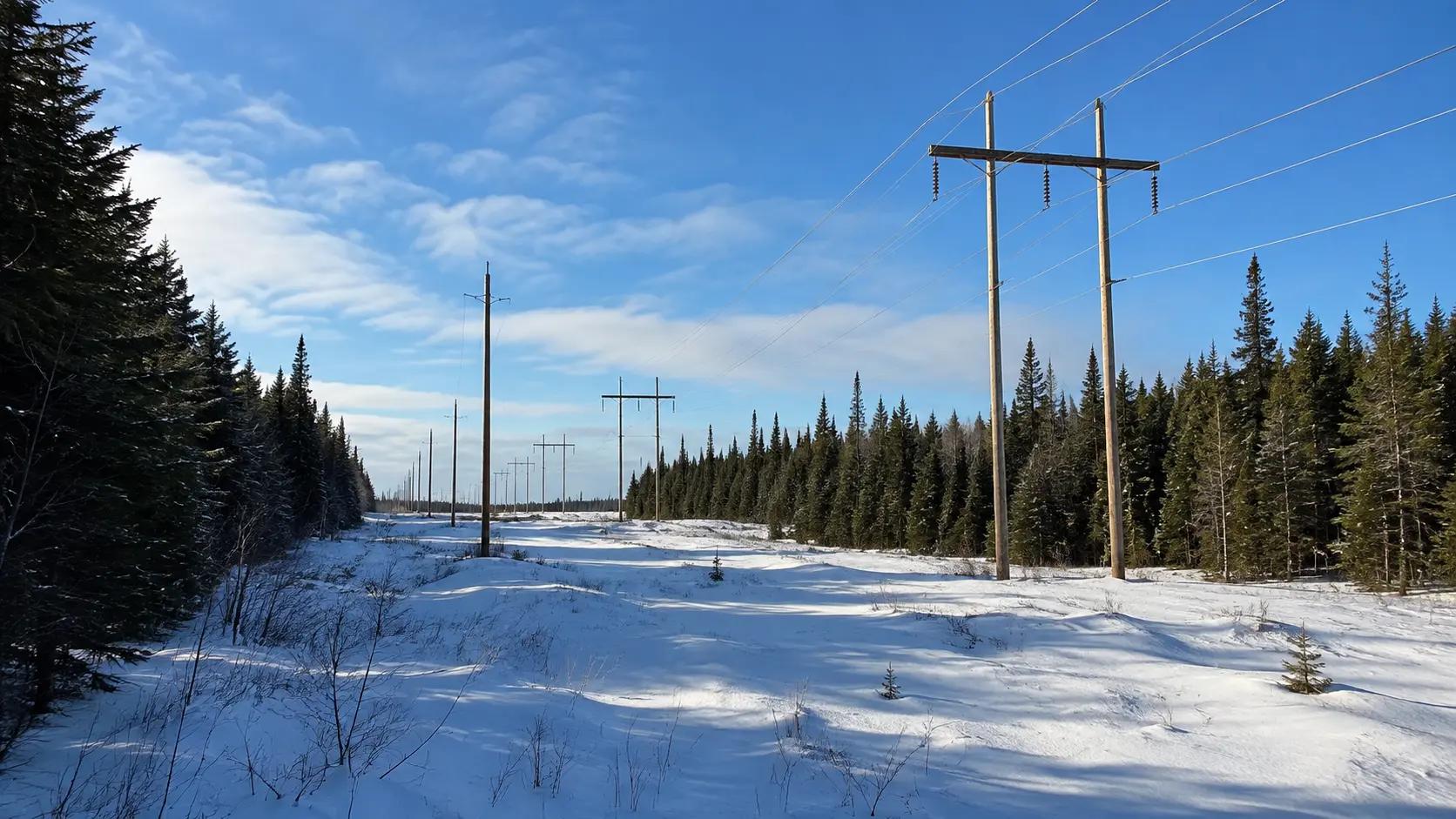 Transmission line corridor crossing a snow-covered forested landscape.