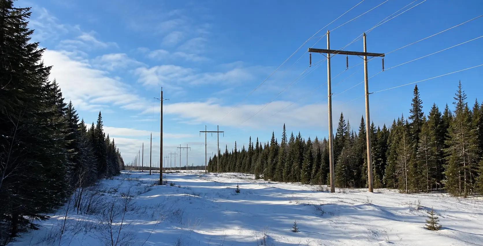 Transmission line corridor crossing a snow-covered forested landscape.