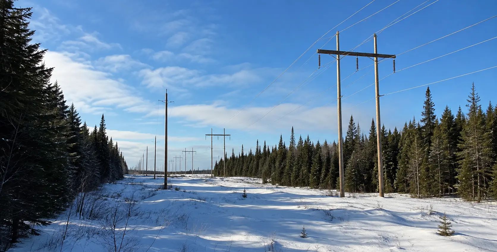 Transmission line corridor crossing a snow-covered forested landscape.