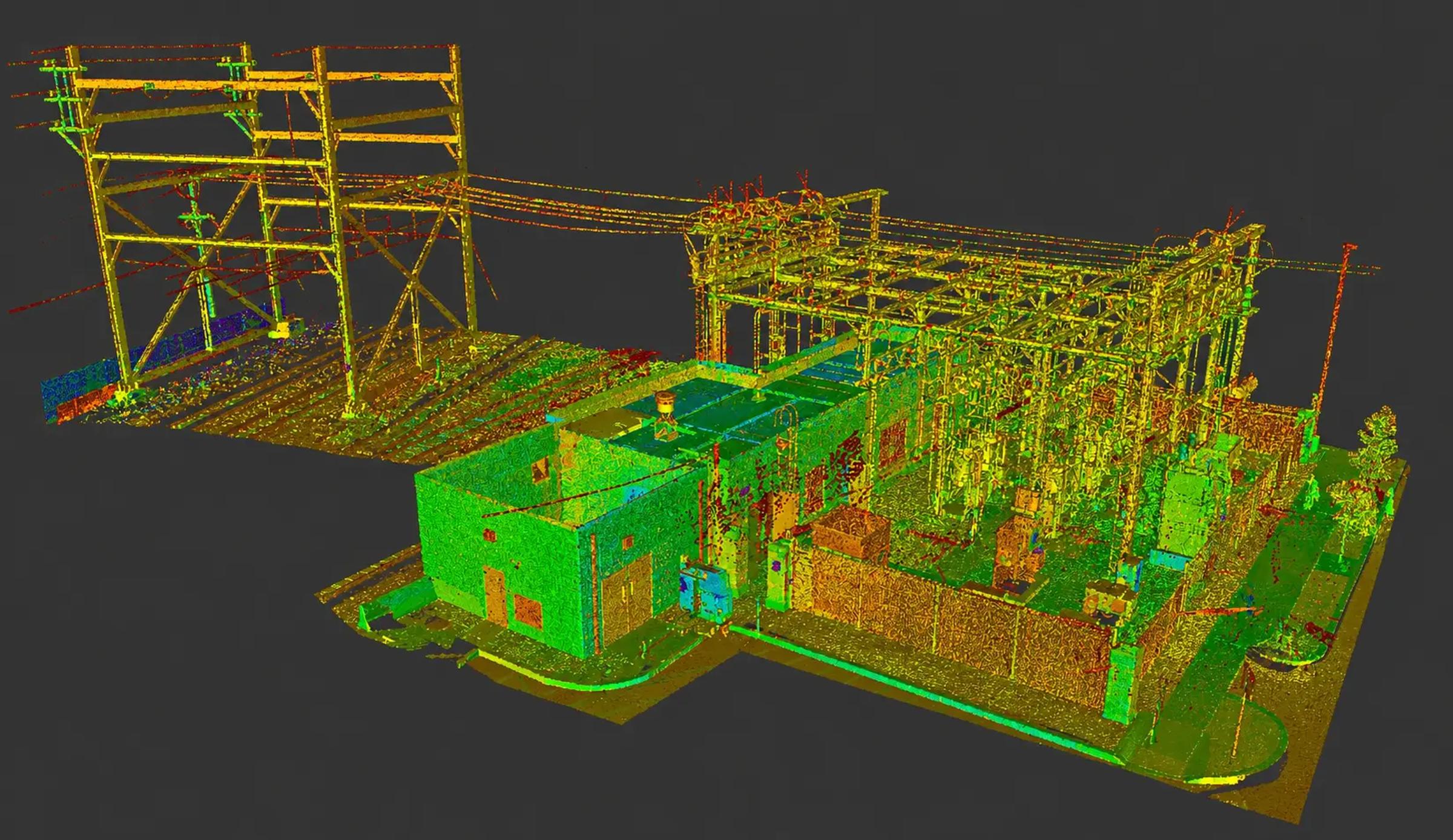 Colourized LiDAR point cloud of an electrical substation.