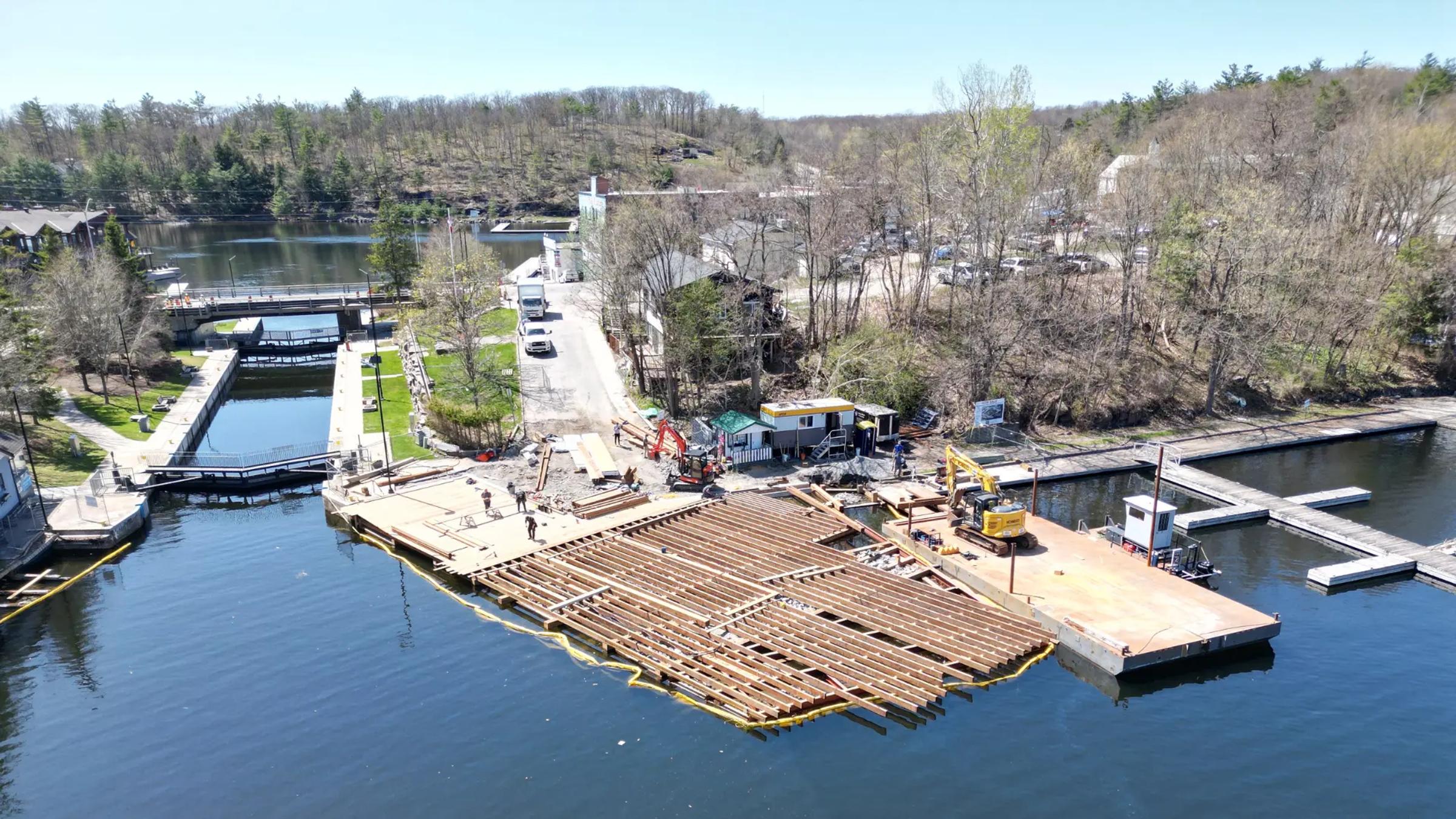 Aerial view of Port Carling dock construction and waterfront improvements.