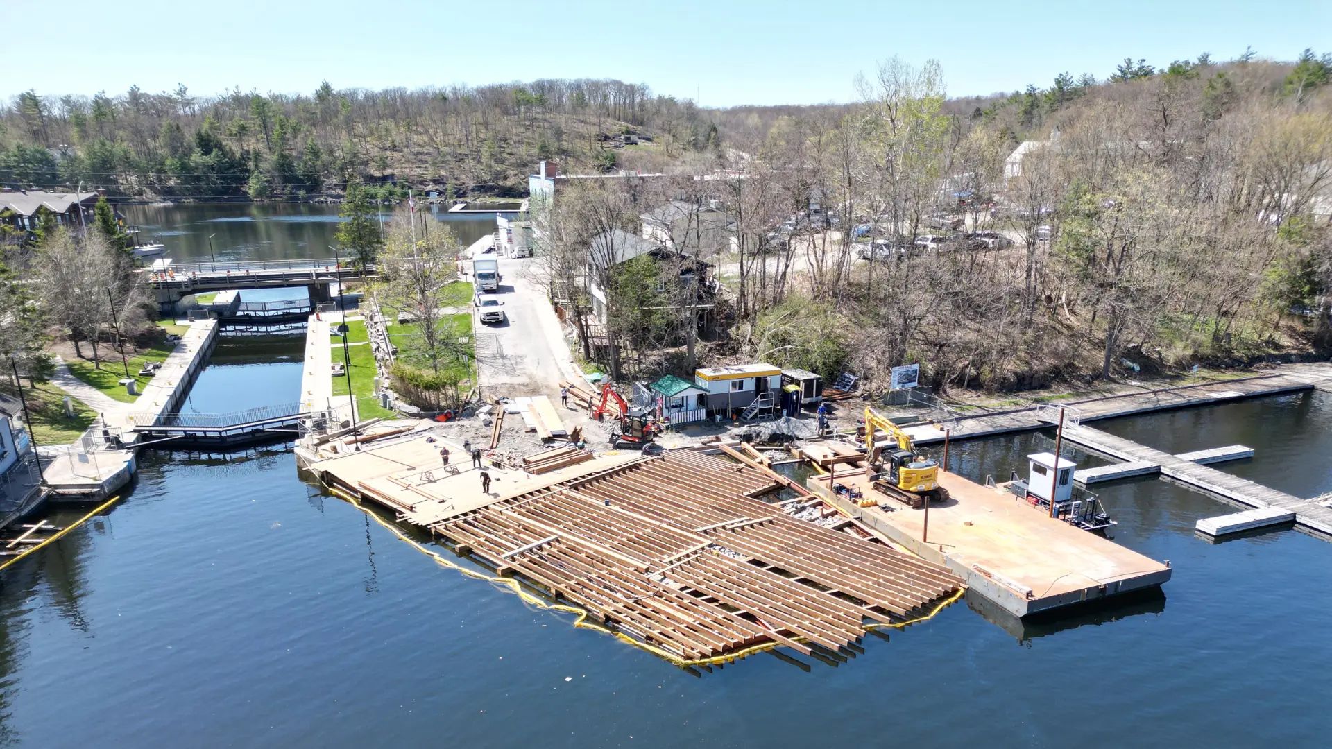 Aerial view of Port Carling dock construction and waterfront improvements.