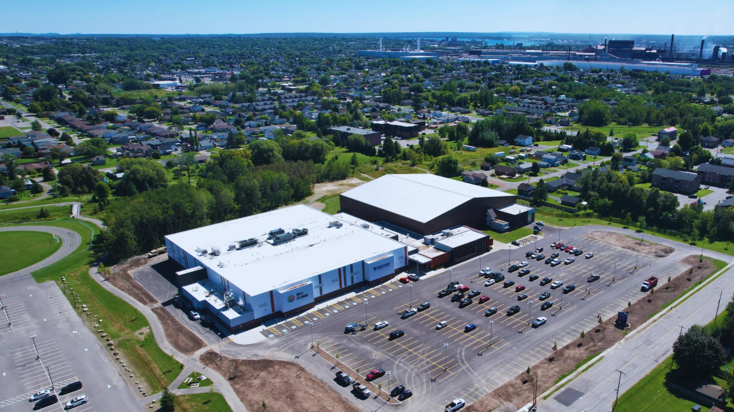 Aerial view of the Northern Community Centre and surrounding parking areas.
