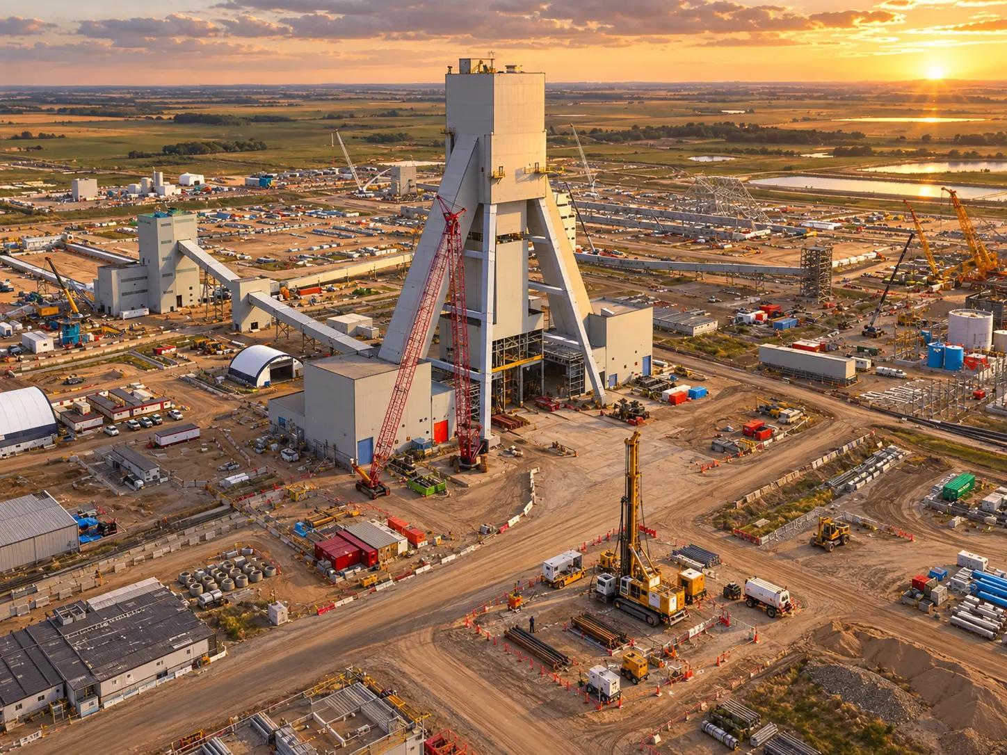Geotechnical drill rig operating at a large mine development site during construction.
