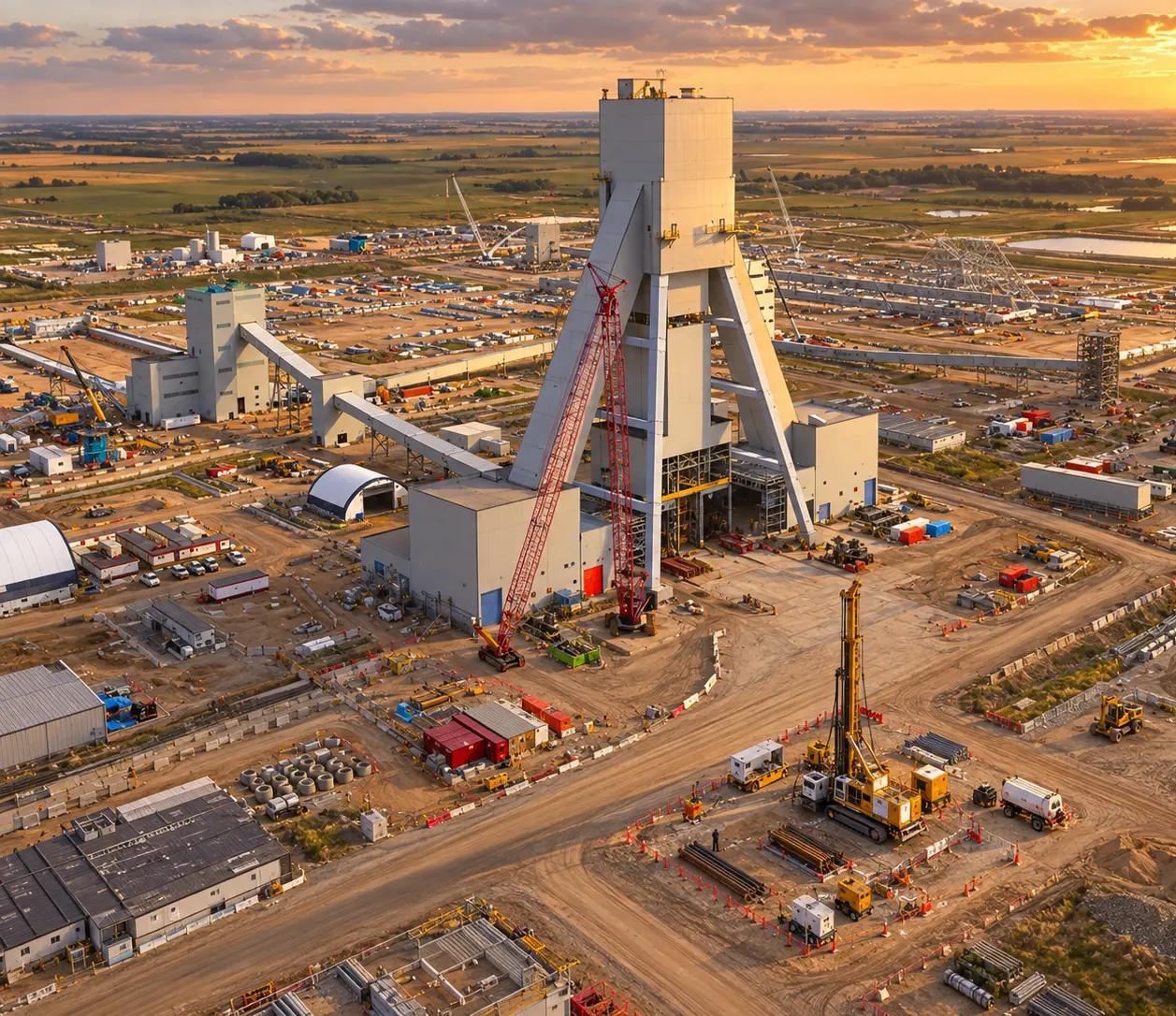 Geotechnical drill rig operating at a large mine development site during construction.