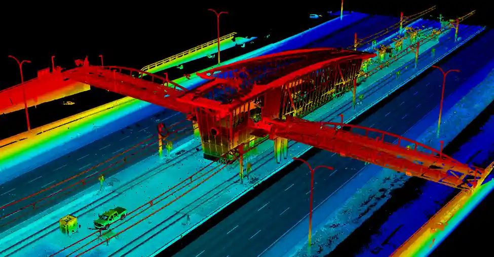 Colourized LiDAR scan of Calgary light rail transit infrastructure.