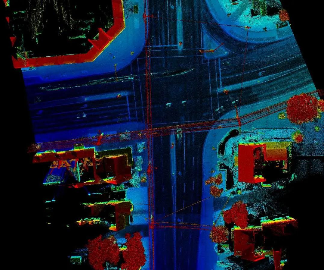 Colourized LiDAR point cloud showing Route 30 and surrounding features.