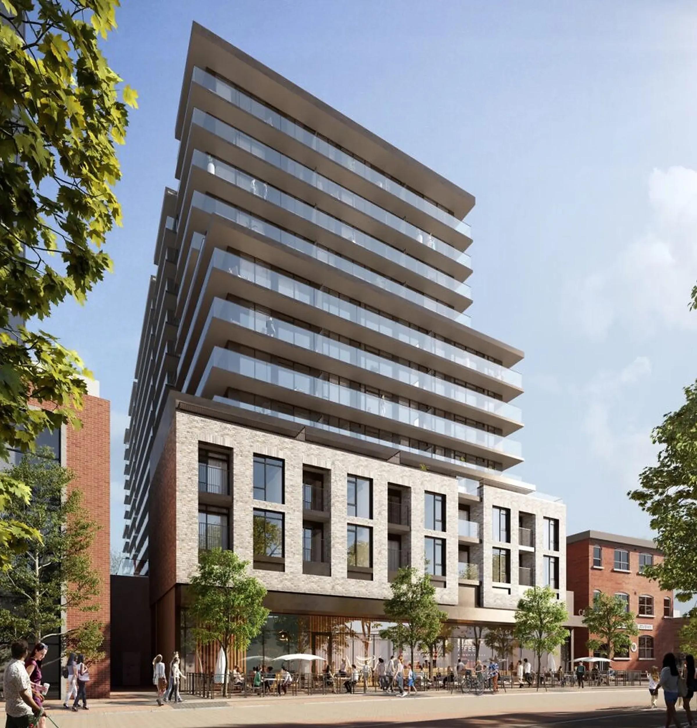Street-level architectural rendering of the 1 Jarvis residential development in downtown Hamilton.