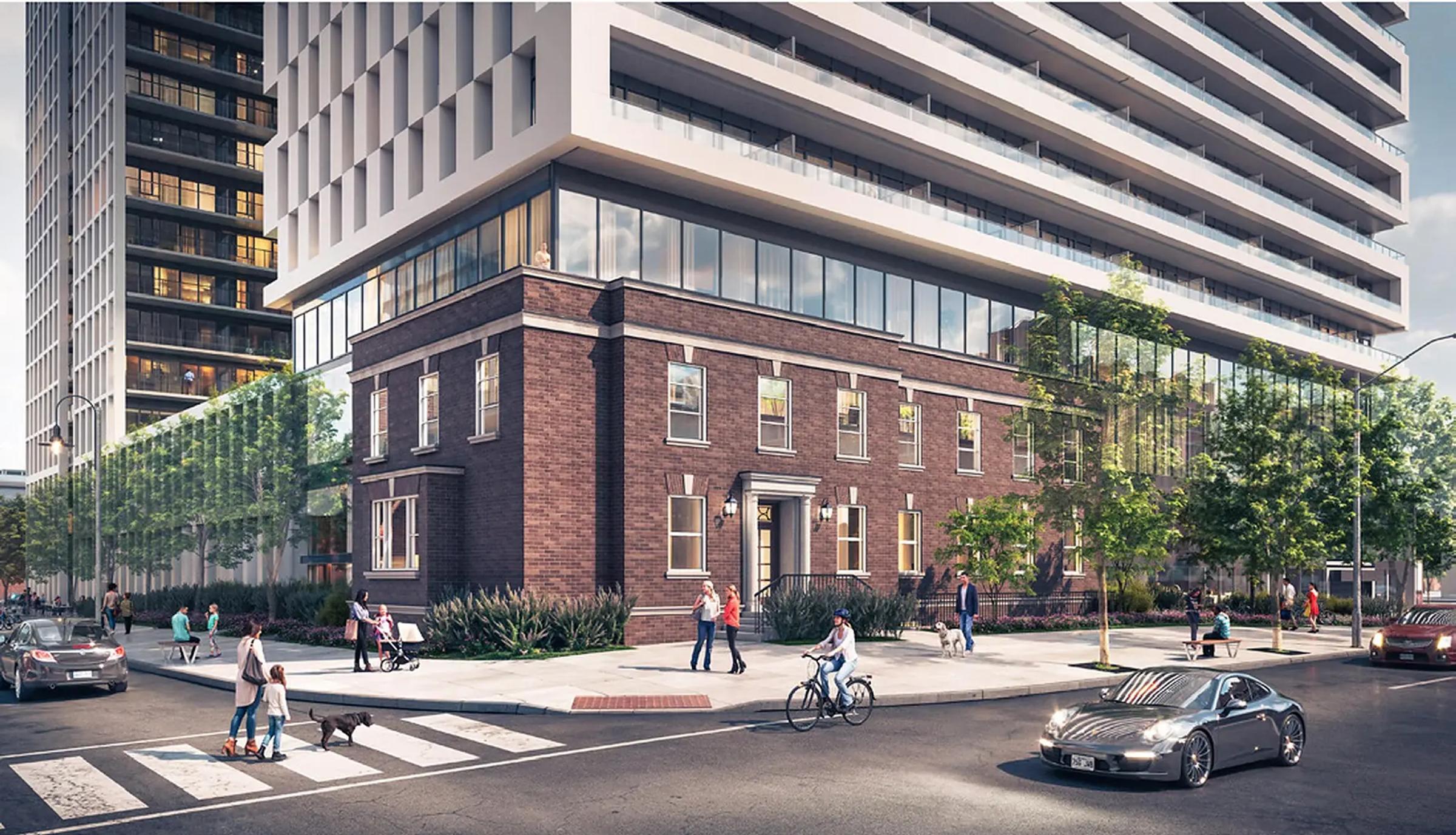 Street-level rendering of the Centra Site A podium and mixed-use development in downtown Oshawa.