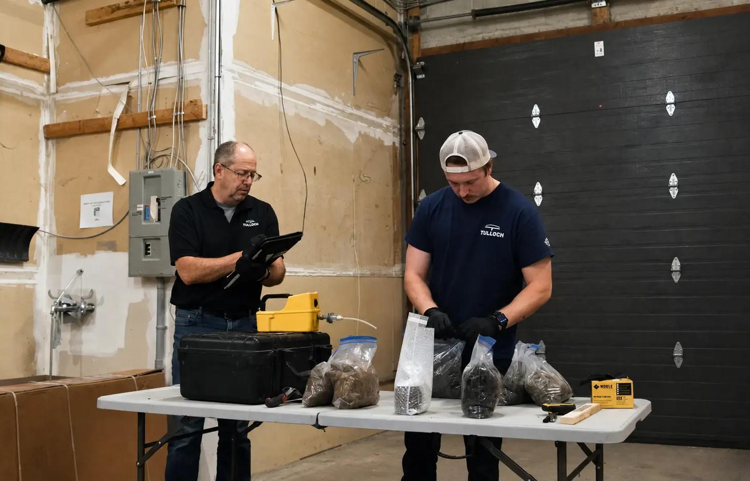 Environmental staff evaluating excess soils samples.