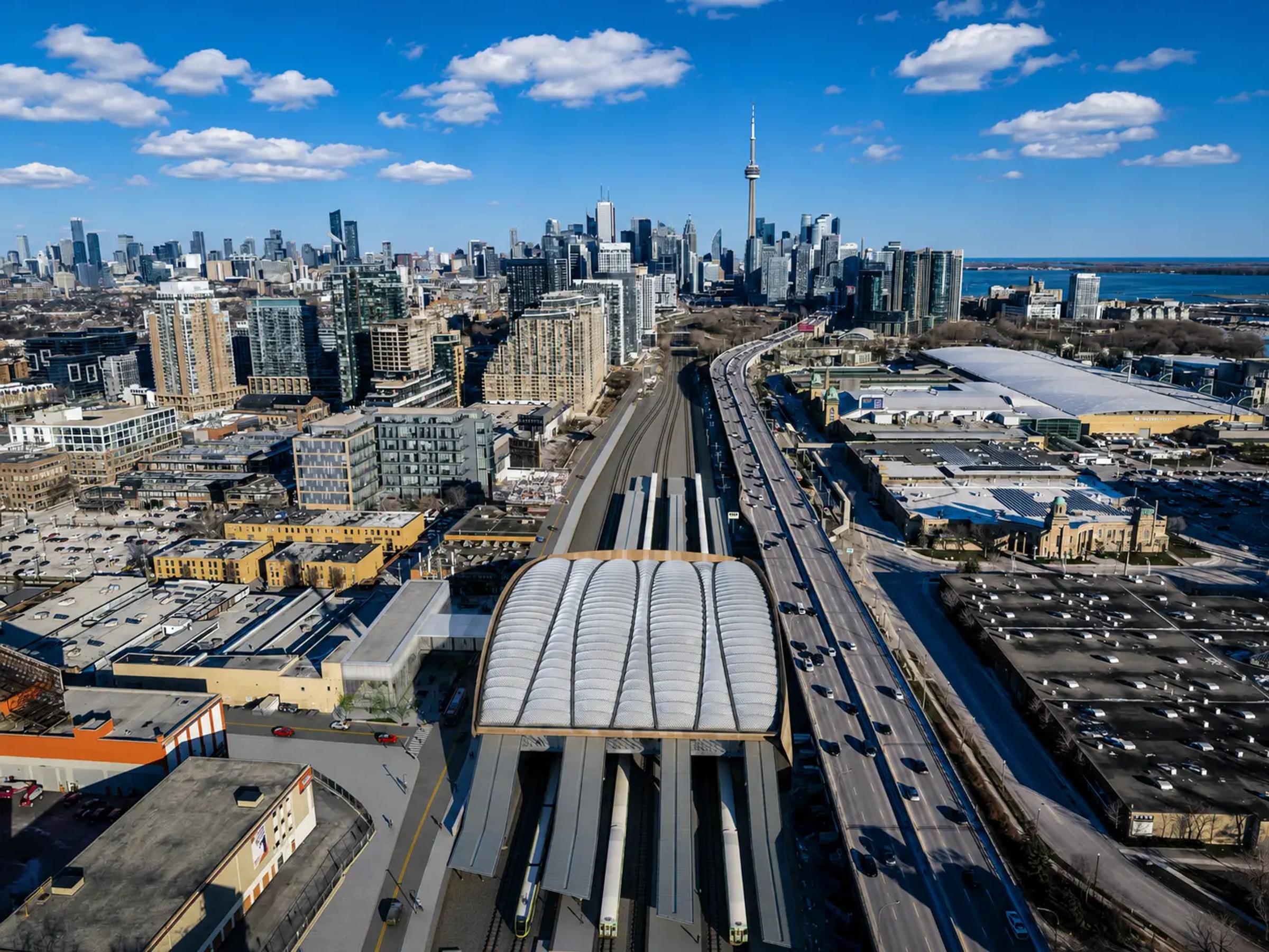Aerial view of the Ontario Line transit corridor in Toronto.
