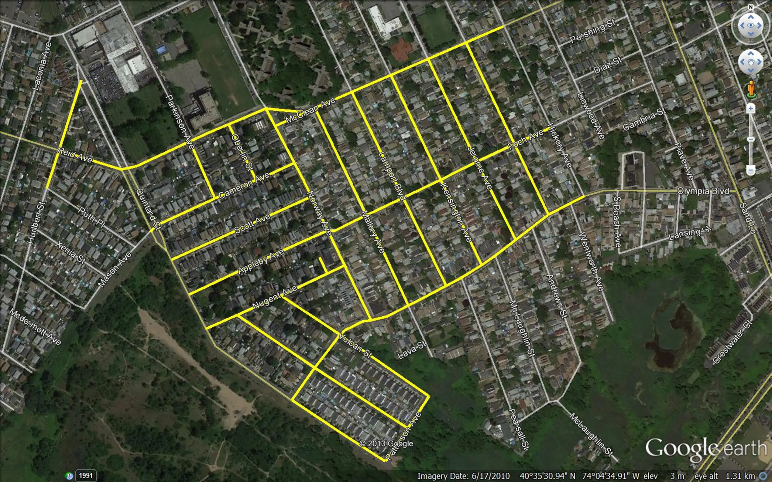 Aerial mapping with property and corridor information for a Staten Island project.