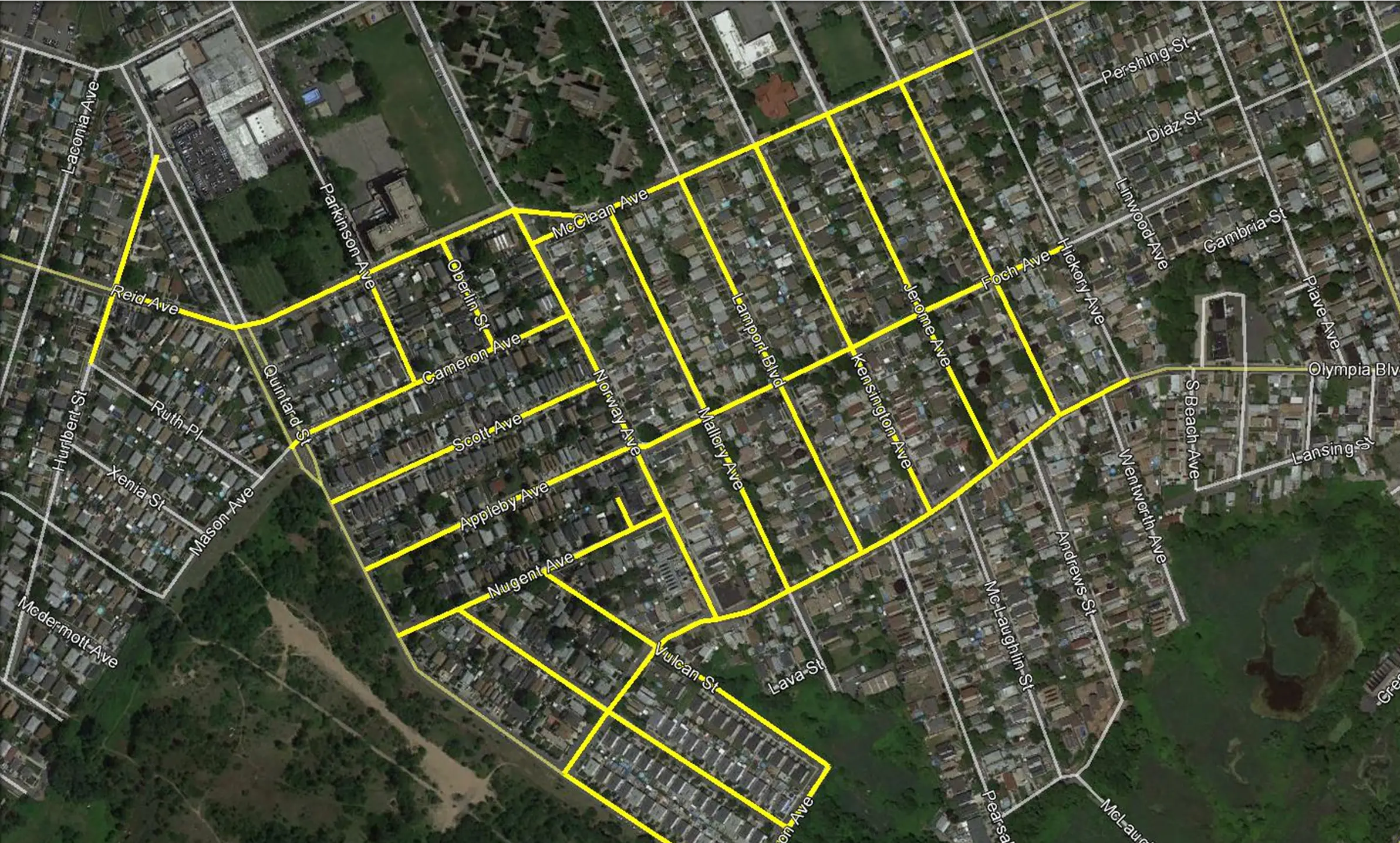 Aerial mapping with property and corridor information for a Staten Island project.