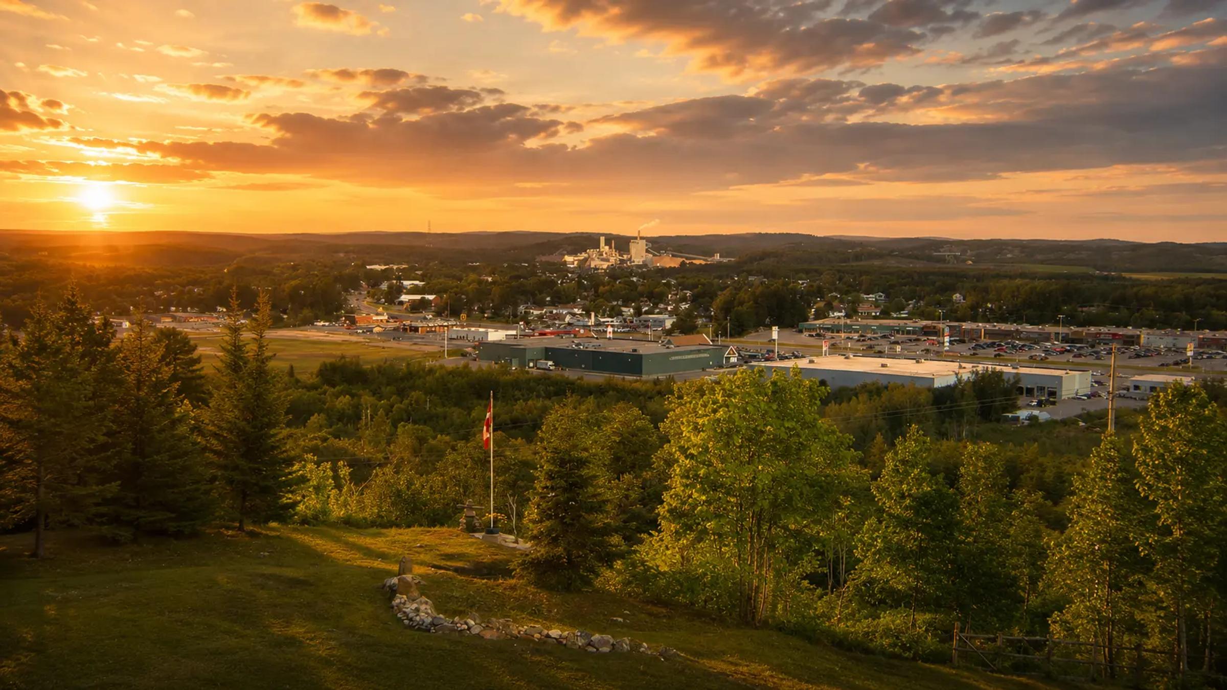 Aerial view of Espanola, Ontario at sunset.