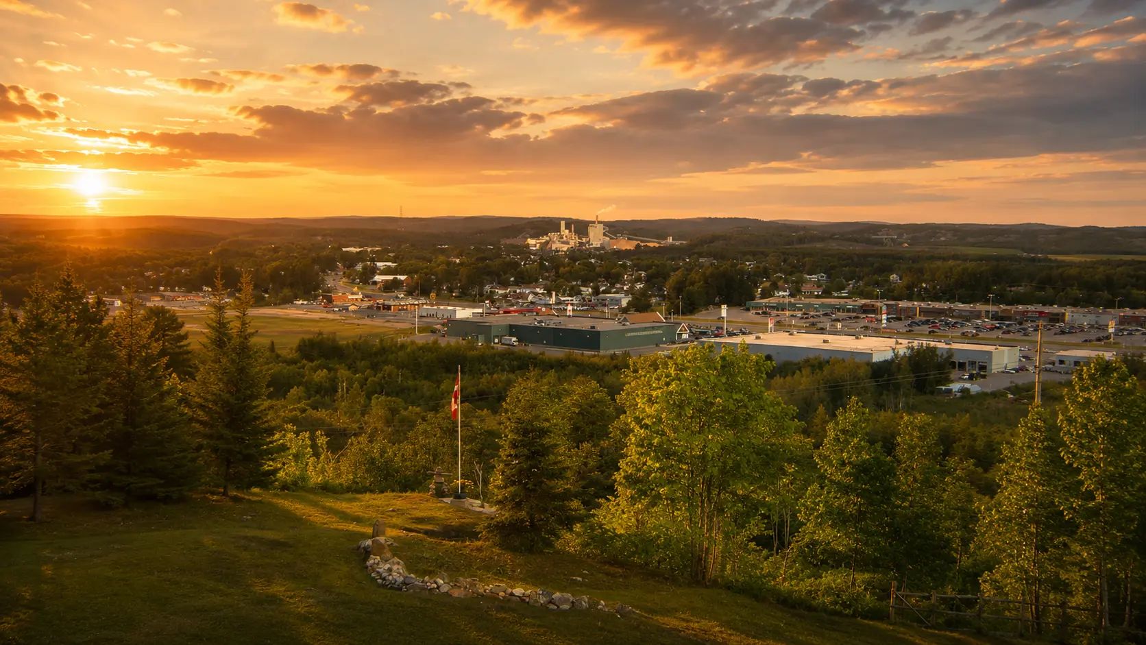 Aerial view of Espanola, Ontario at sunset.