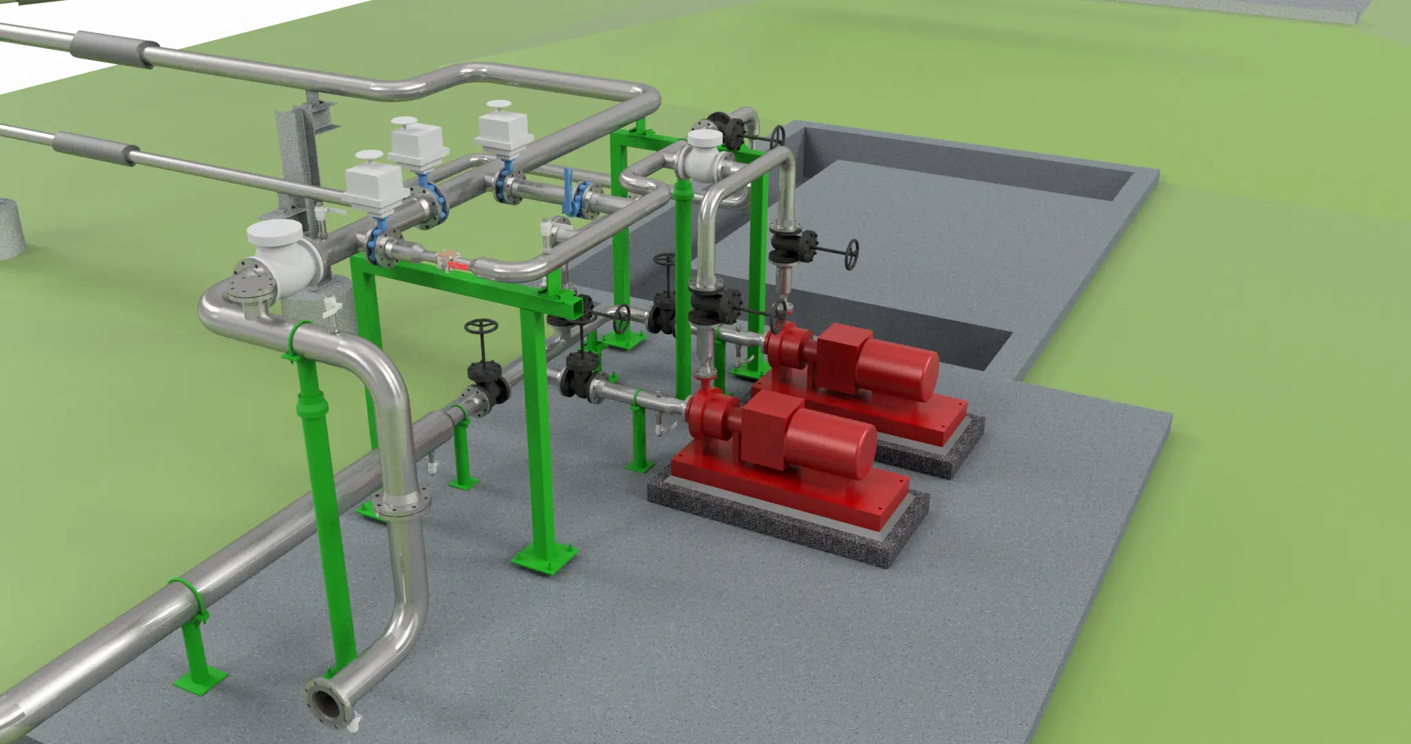 3D model of pump house mechanical piping and equipment.