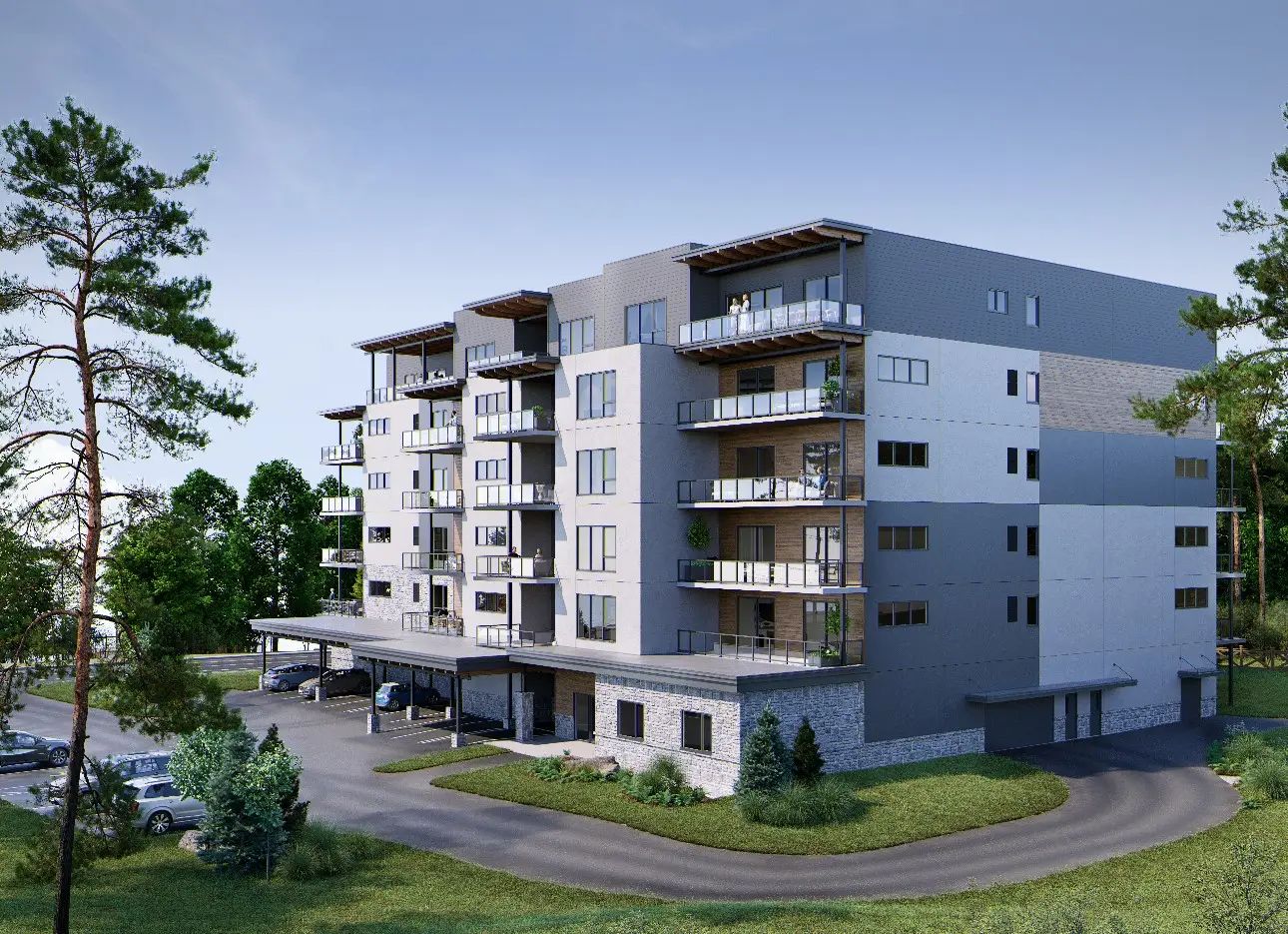Rendering of Northwest exterior view of a modern multi-unit residential building.