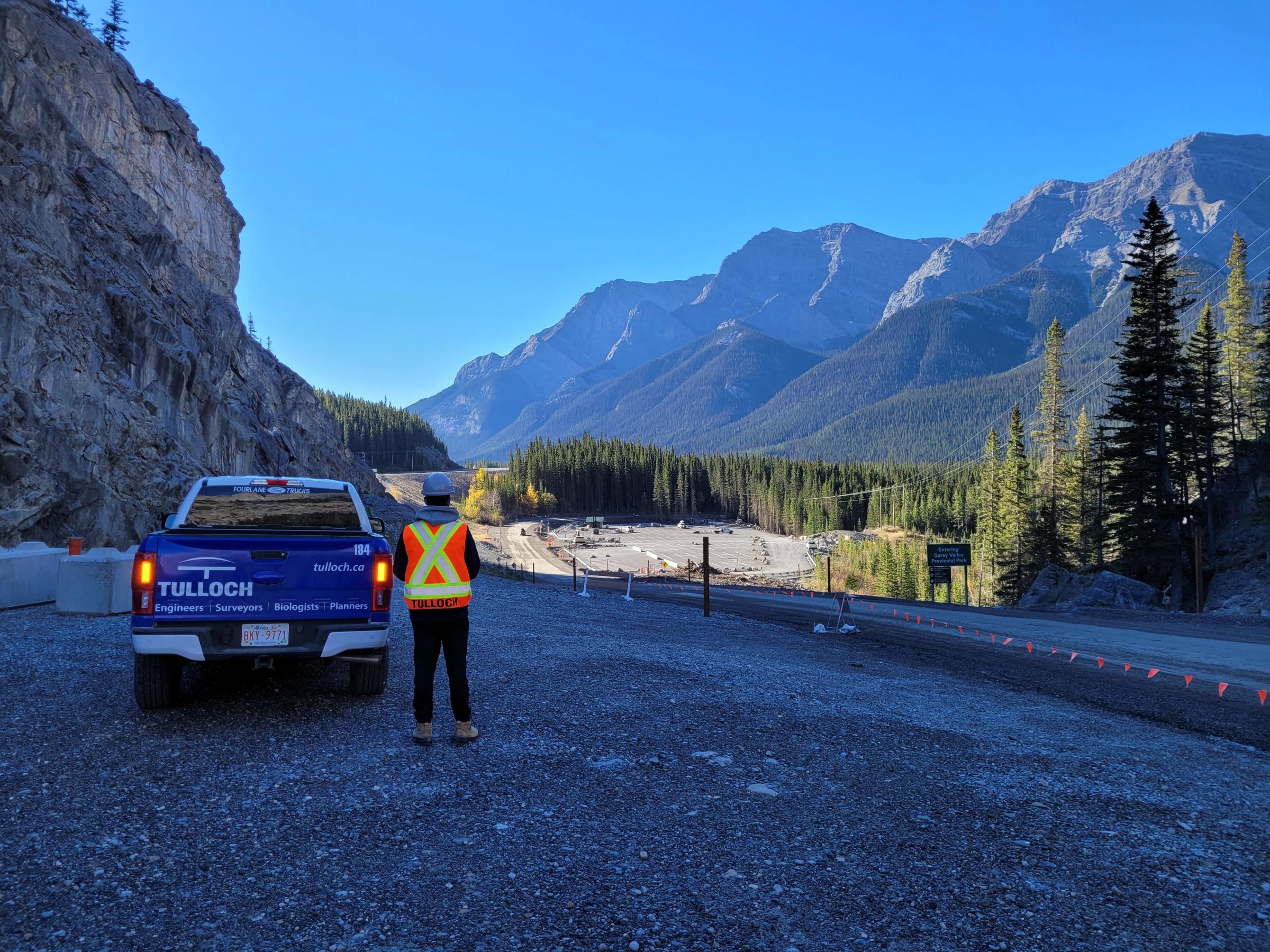 TULLOCH field crew and company truck at the Grassi Lakes and Goat Creek parking project.