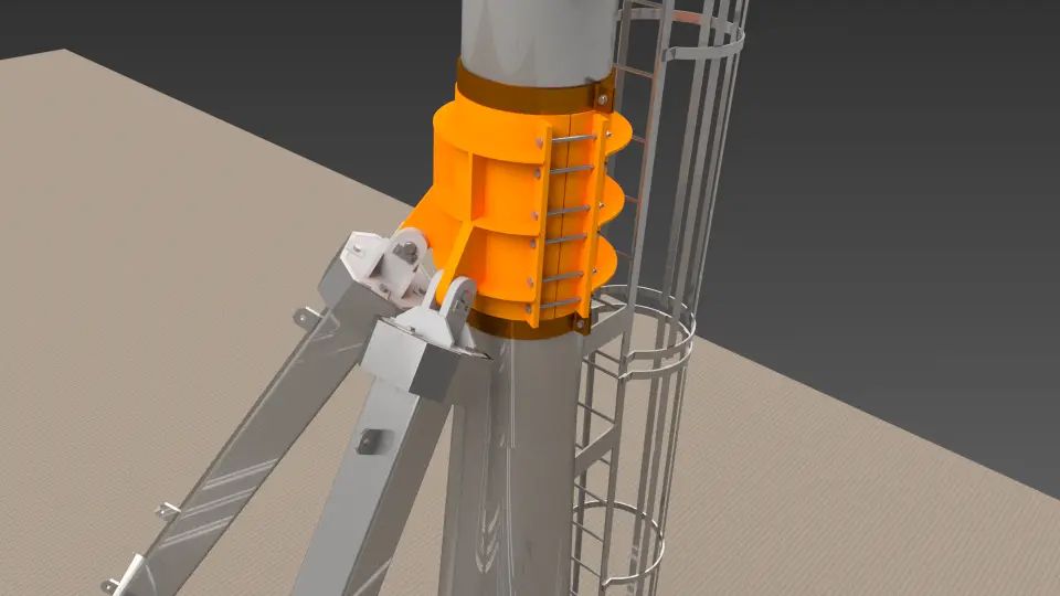 3D model showing an industrial stack connection and structural support.