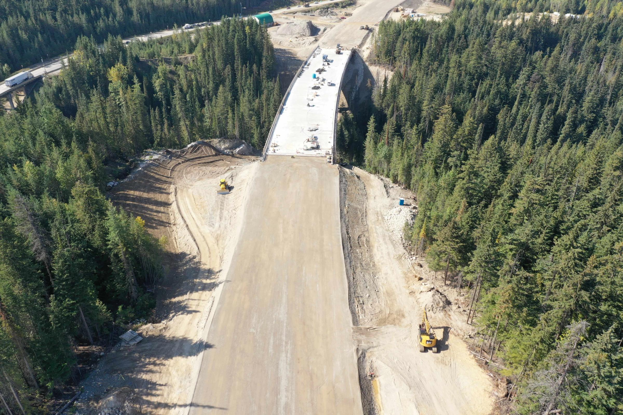 Aerial view of Quartz Bridge construction along a forested corridor.