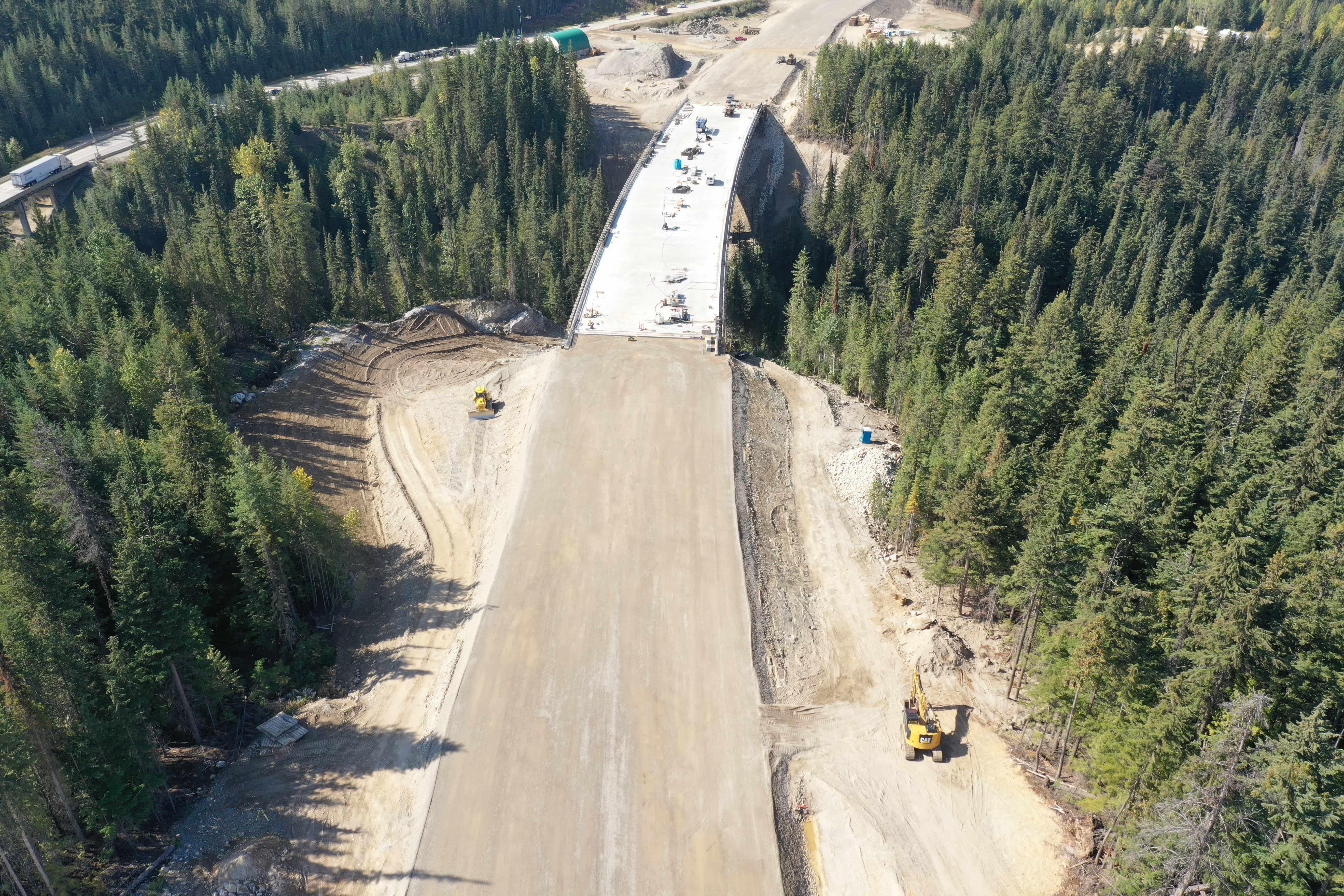Aerial view of Quartz Bridge construction along a forested corridor.