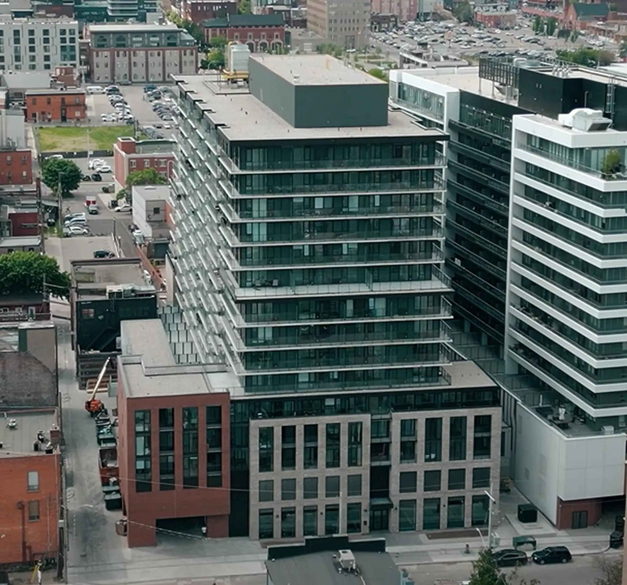 Aerial view of the completed 1 Jarvis residential development in downtown Hamilton.
