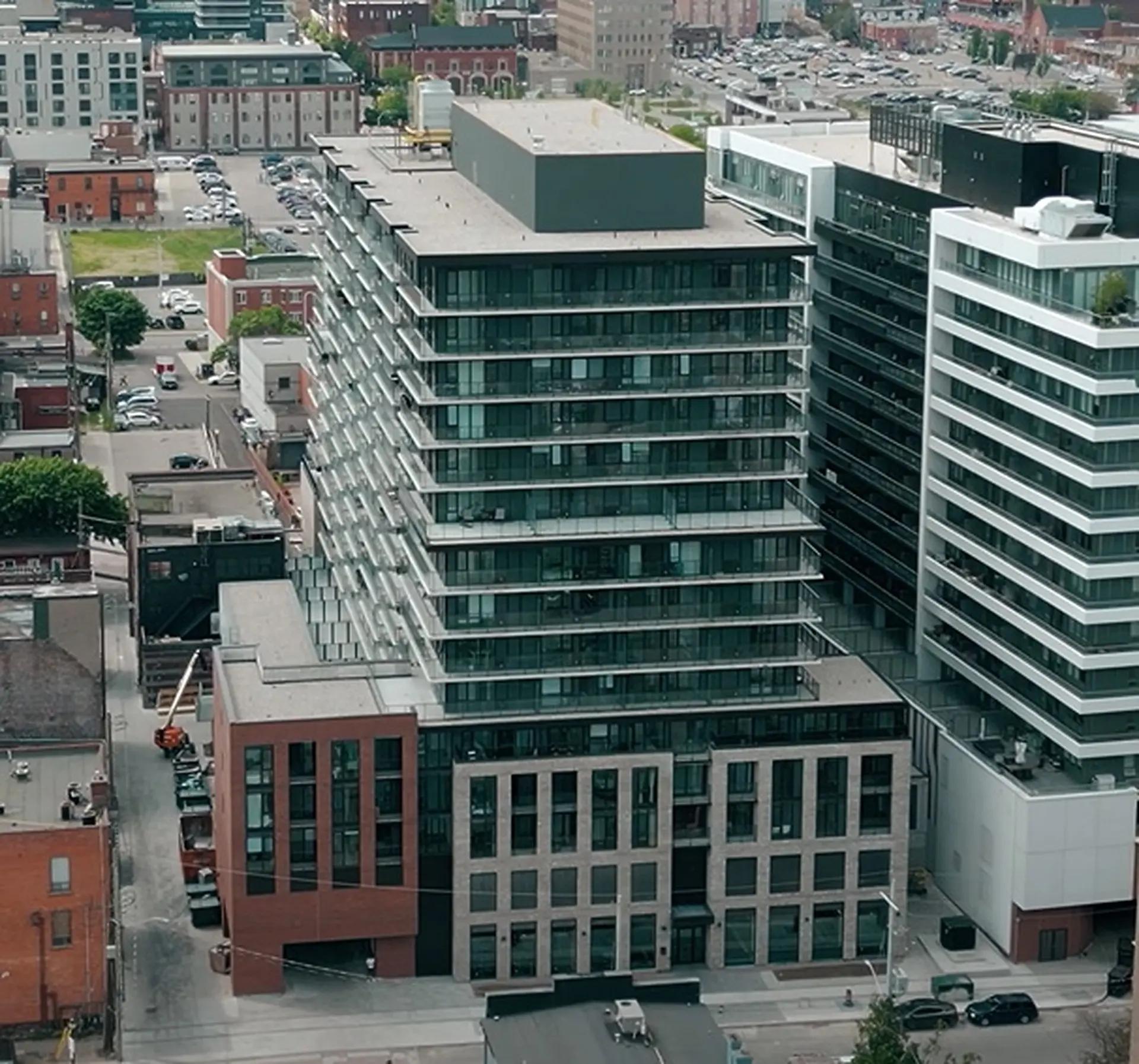 Aerial view of the completed 1 Jarvis residential development in downtown Hamilton.
