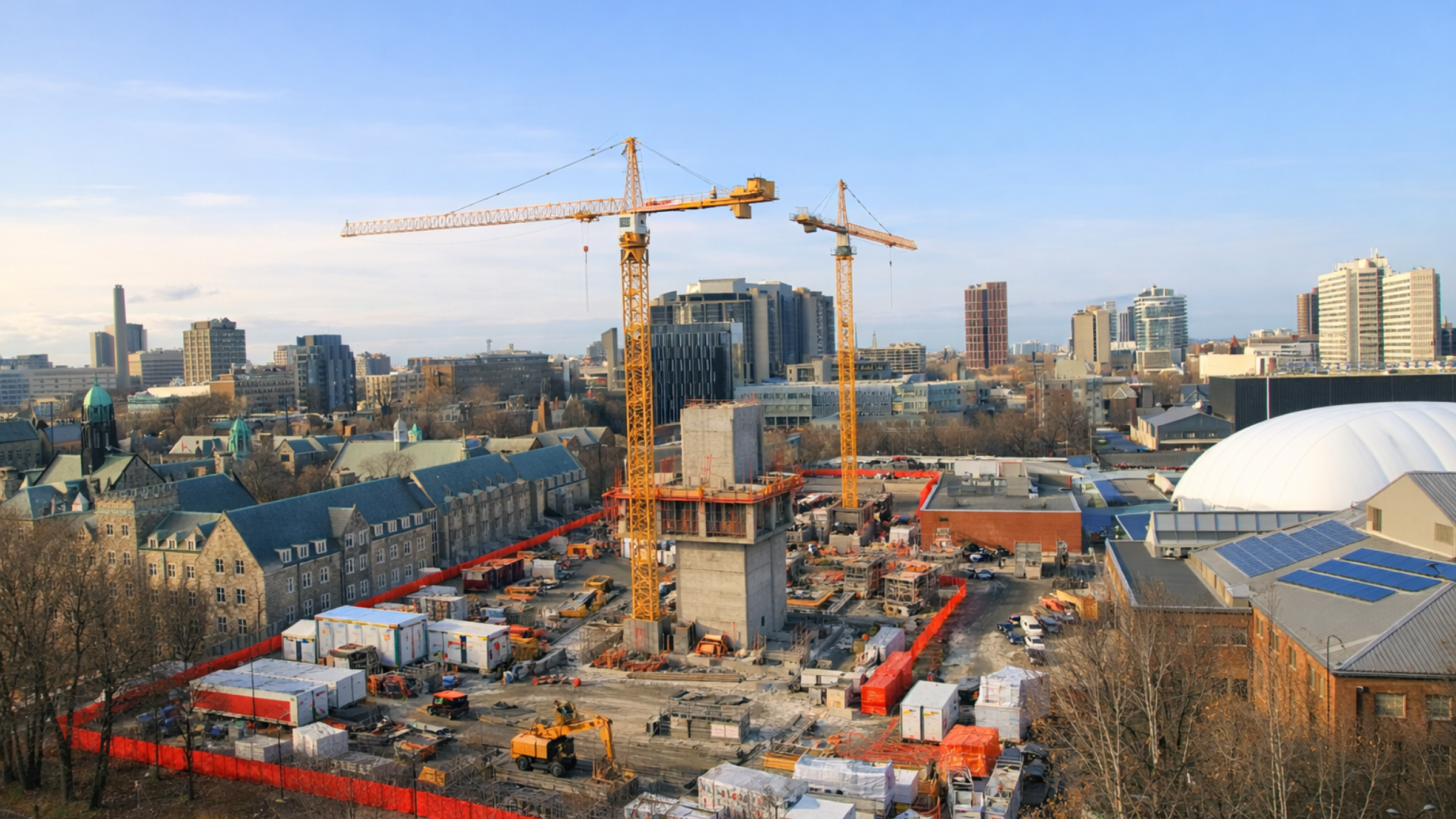 Construction activity at Trinity College in Toronto with cranes and downtown buildings in the background.