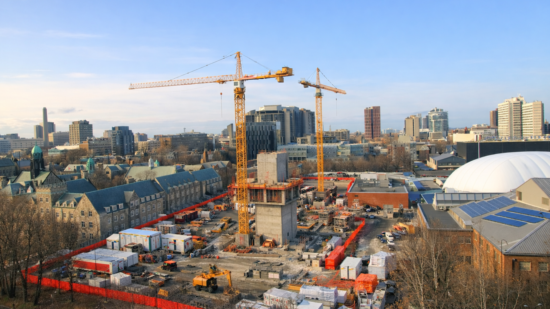 Construction activity at Trinity College in Toronto with cranes and downtown buildings in the background.