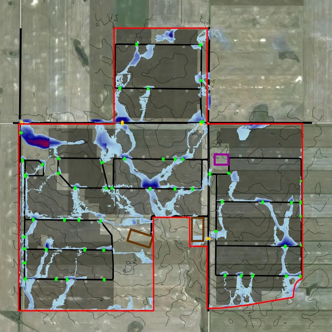 Flood map showing mapped infrastructure and project features across a large site.