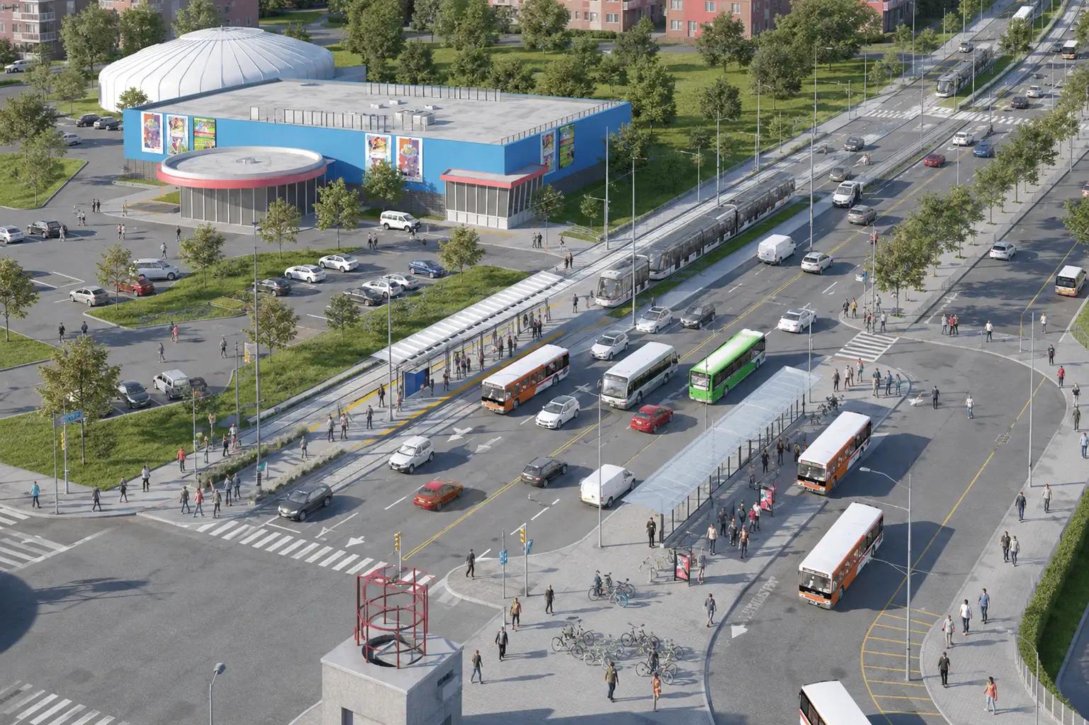 Aerial view of construction and transit infrastructure along the Hurontario LRT corridor.