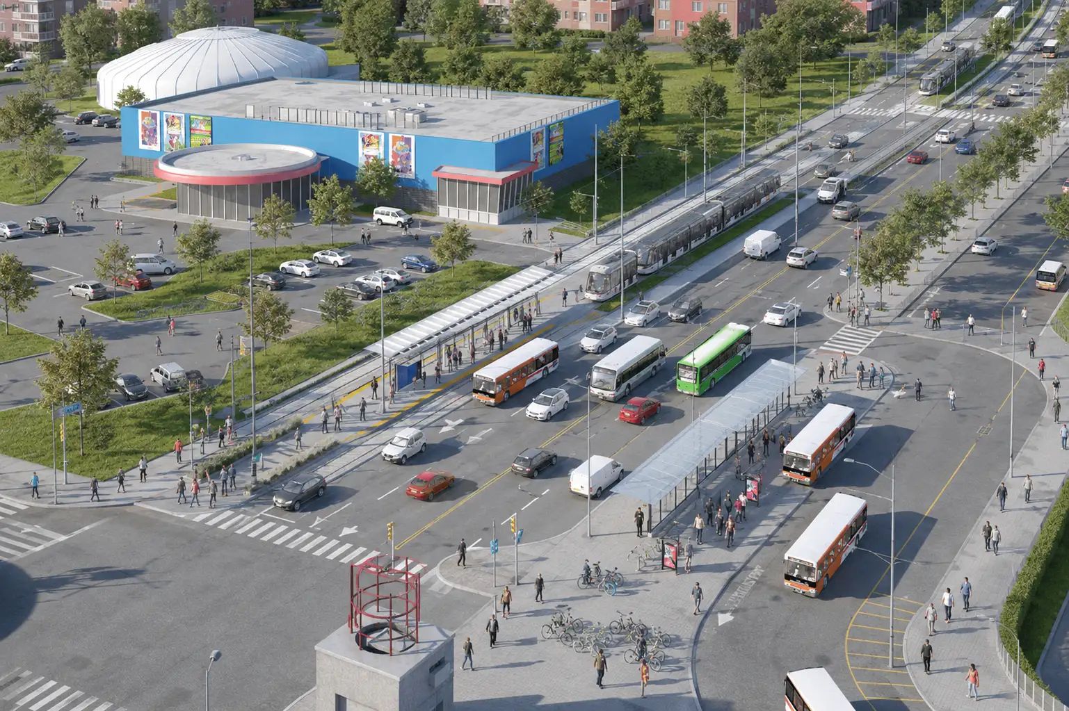 Aerial view of construction and transit infrastructure along the Hurontario LRT corridor.