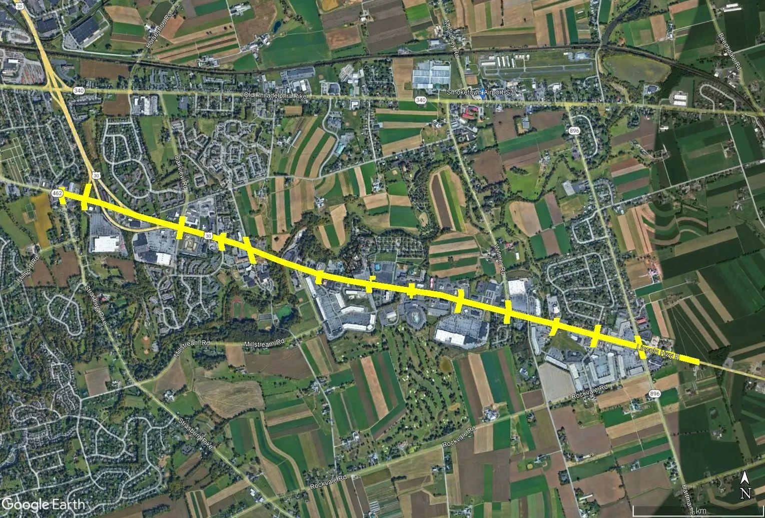 Aerial corridor map showing the Route 30 project alignment.