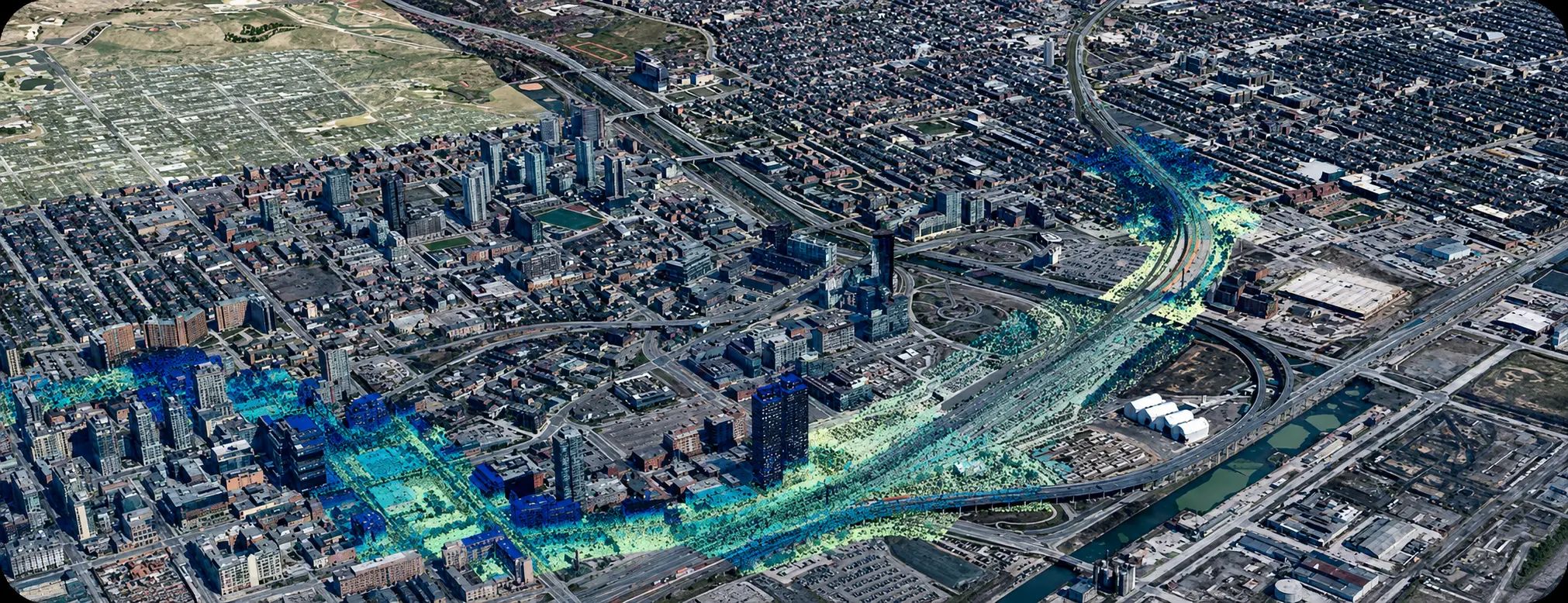 3D geospatial visualization of an urban corridor and surrounding development.