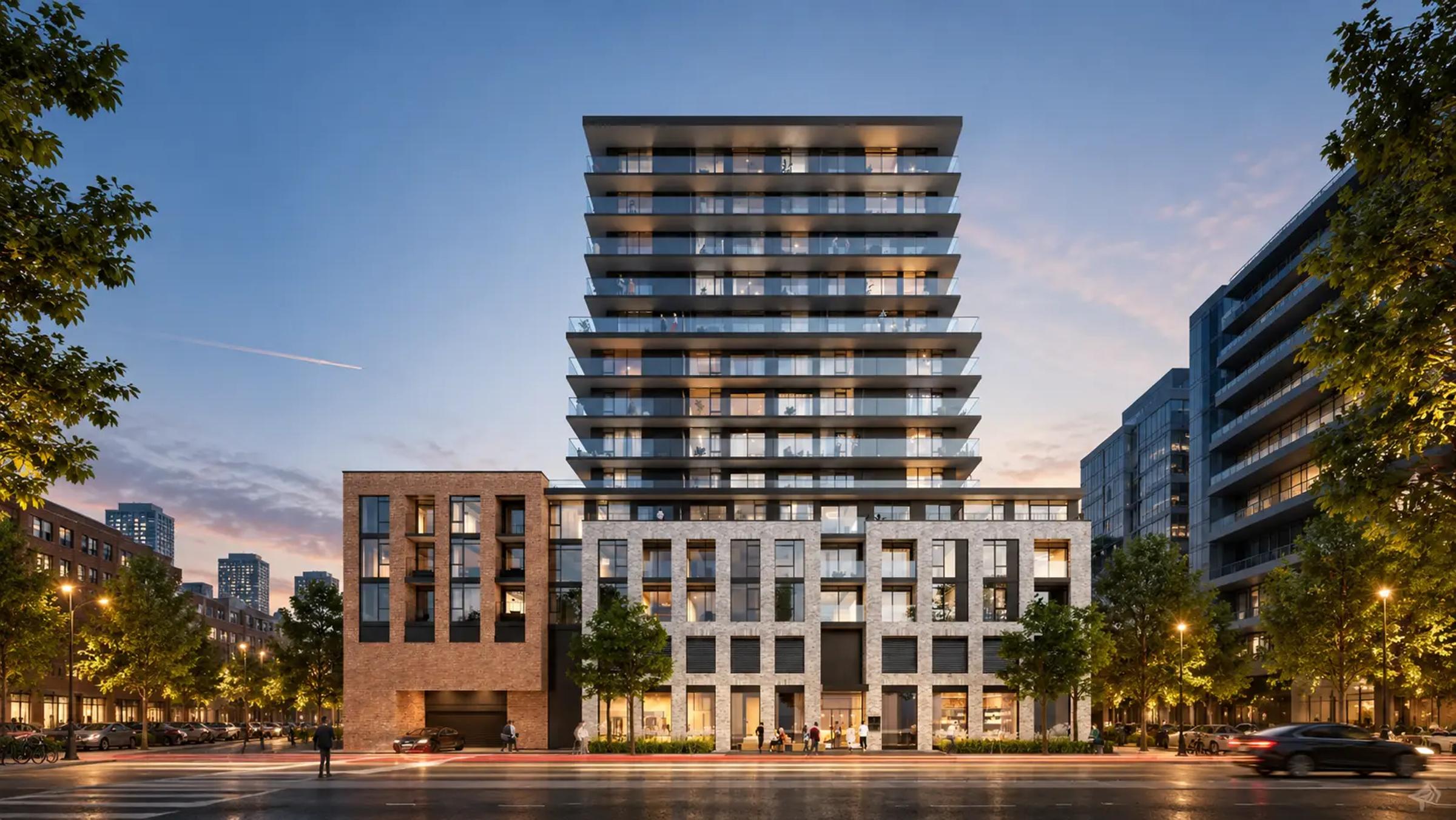 Wide architectural rendering of the 1 Jarvis residential development in downtown Hamilton at dusk.