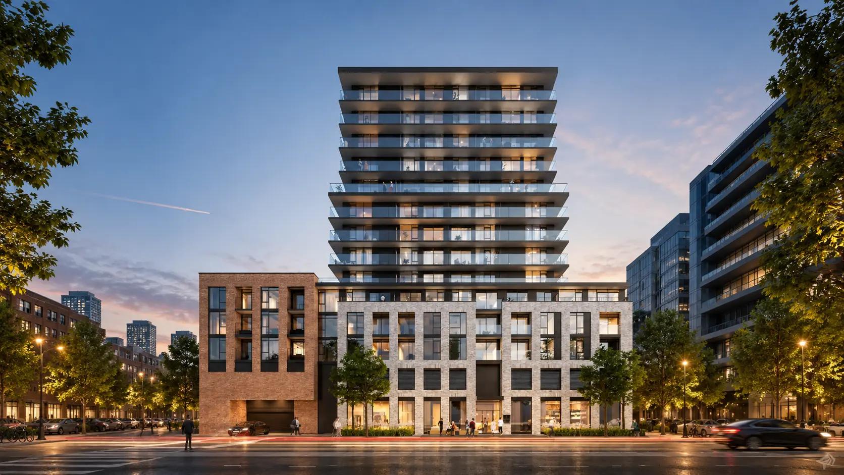 Wide architectural rendering of the 1 Jarvis residential development in downtown Hamilton at dusk.