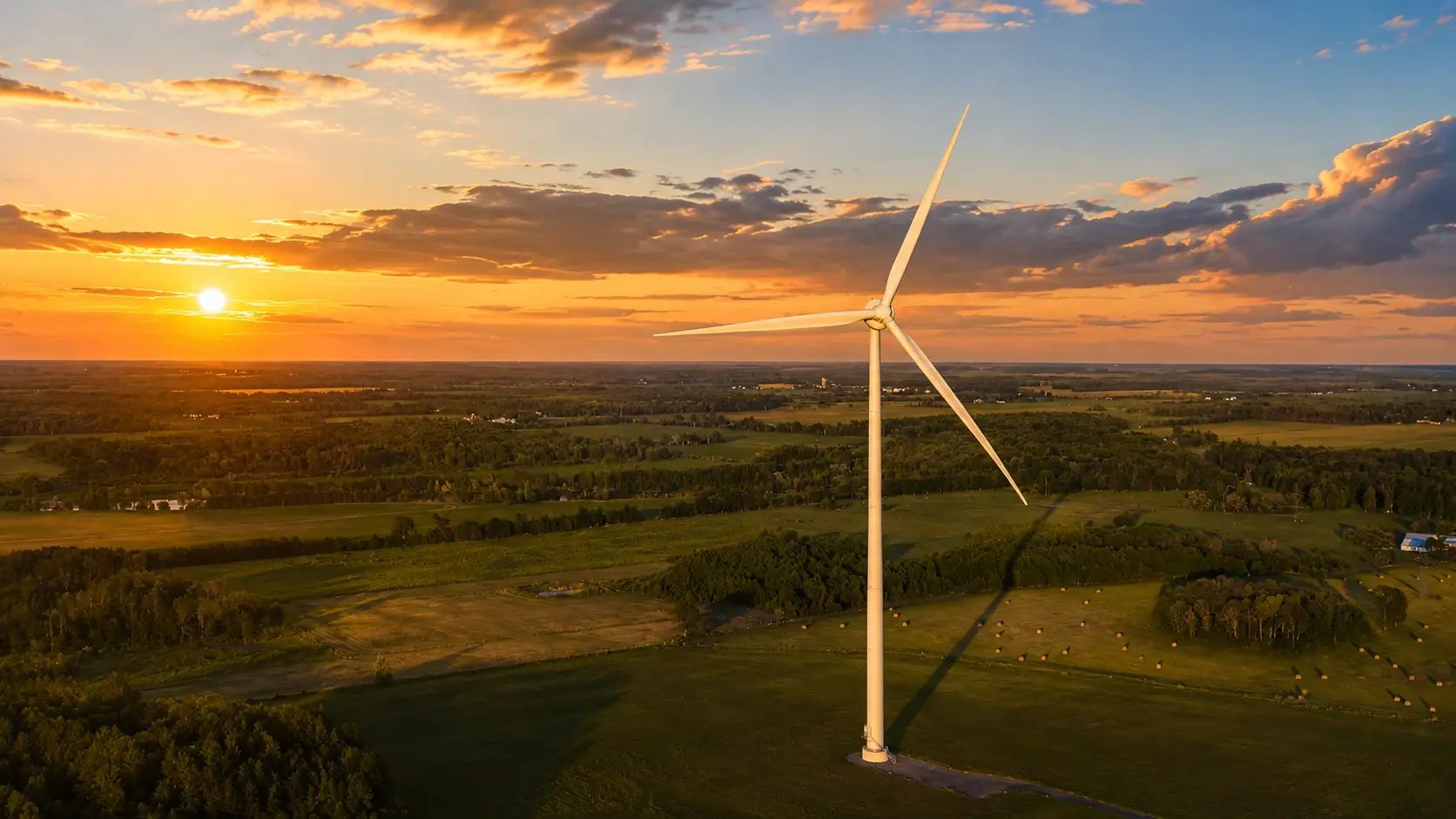 Aerial view of wind turbines across rural terrain at sunset.