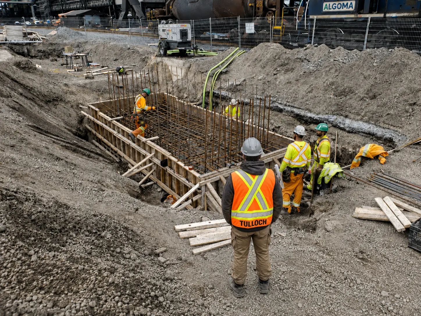 TULLOCH field staff reviewing formwork and concrete foundation construction.