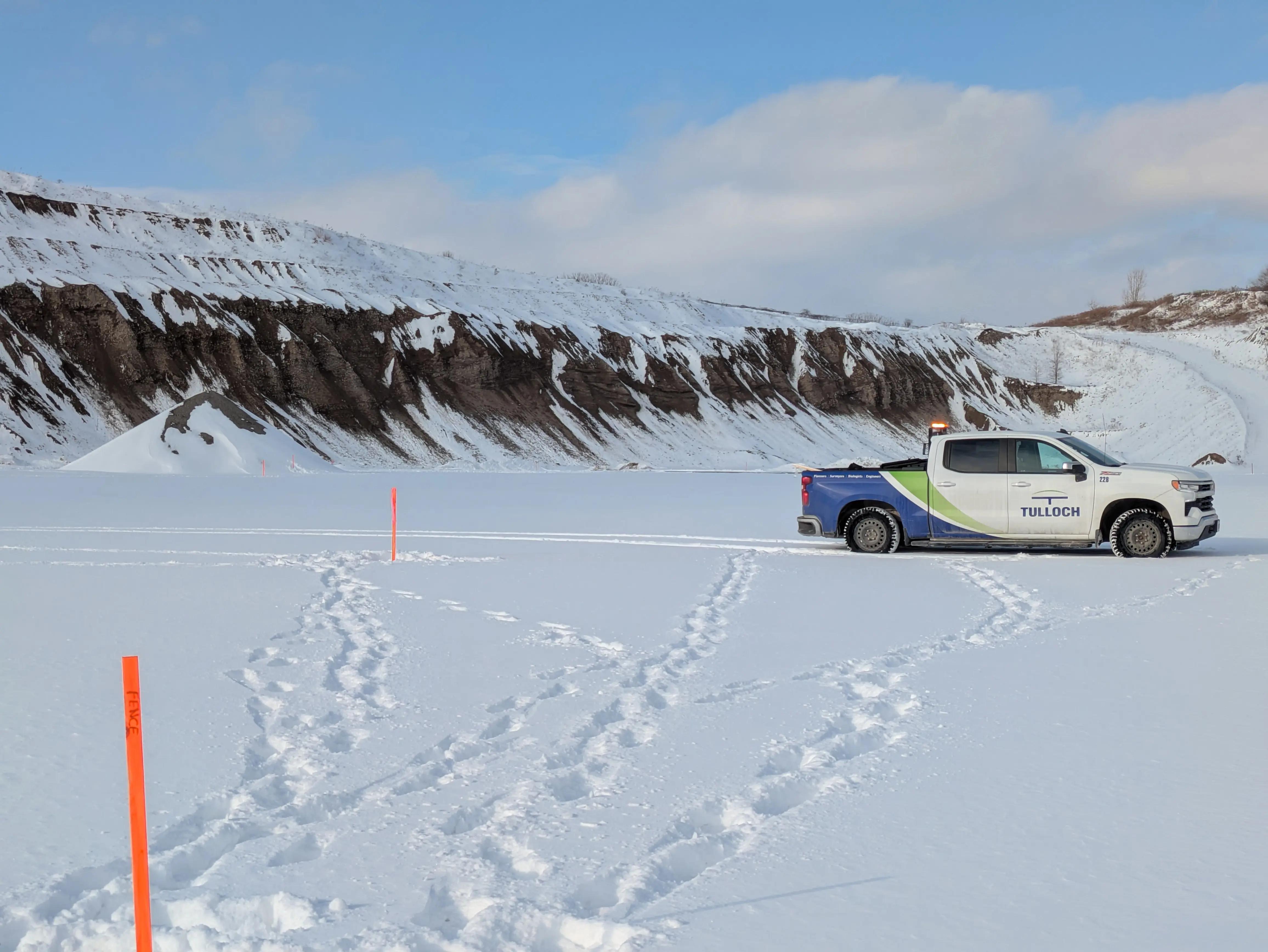 TULLOCH vehicle supporting winter field investigations along the North Shore Link transmission corridor.