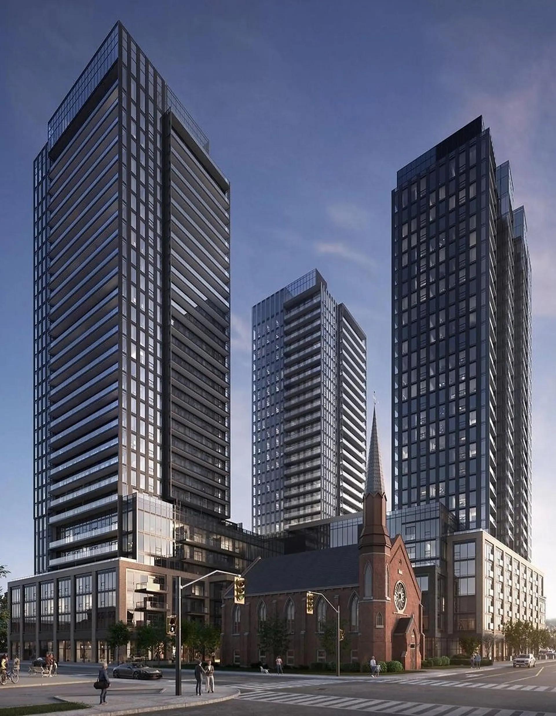 Architectural rendering of the Design District 41 towers surrounding the retained heritage building in downtown Hamilton.