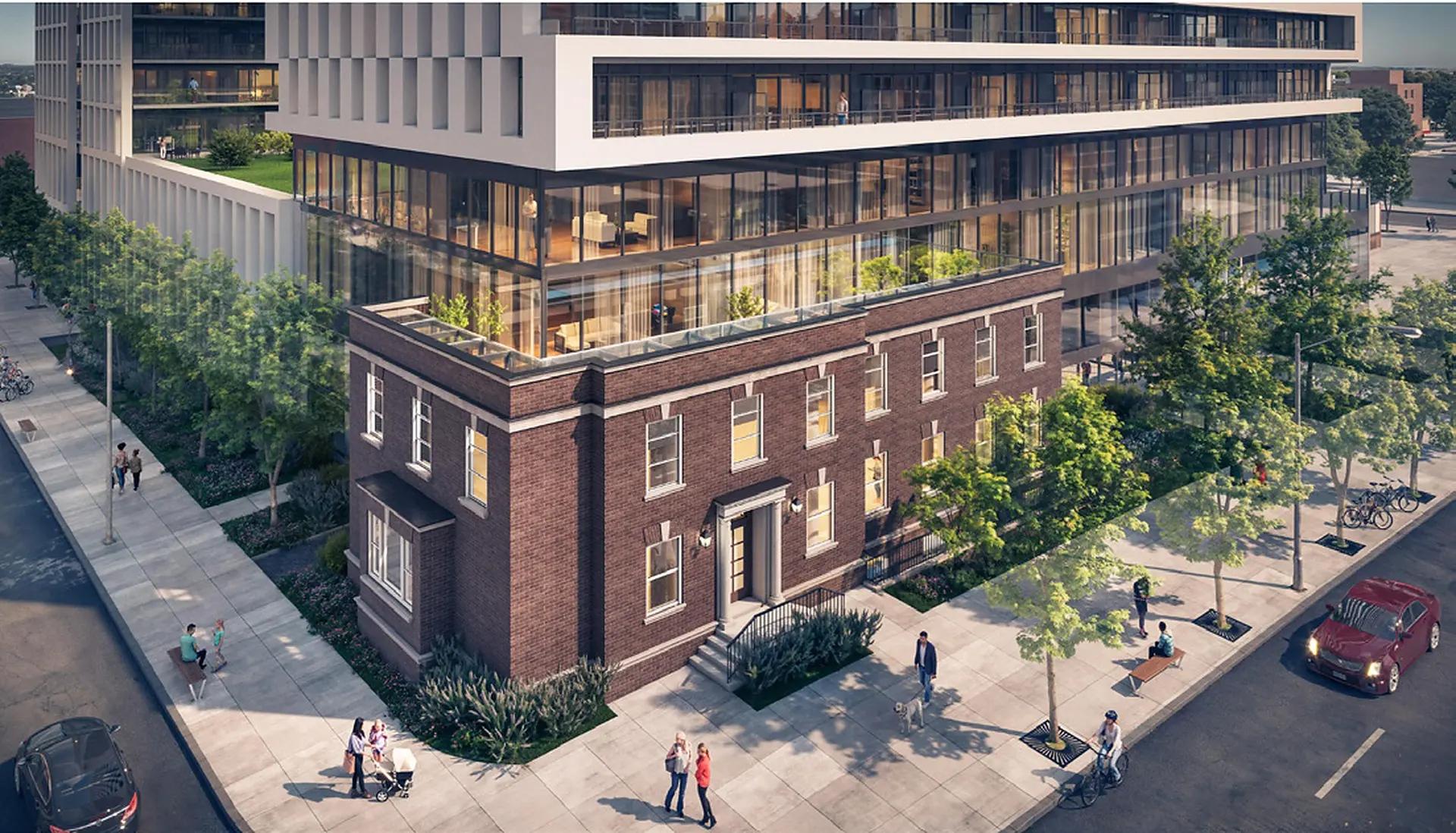 Aerial rendering of the Centra Site A podium and surrounding streetscape in downtown Oshawa.