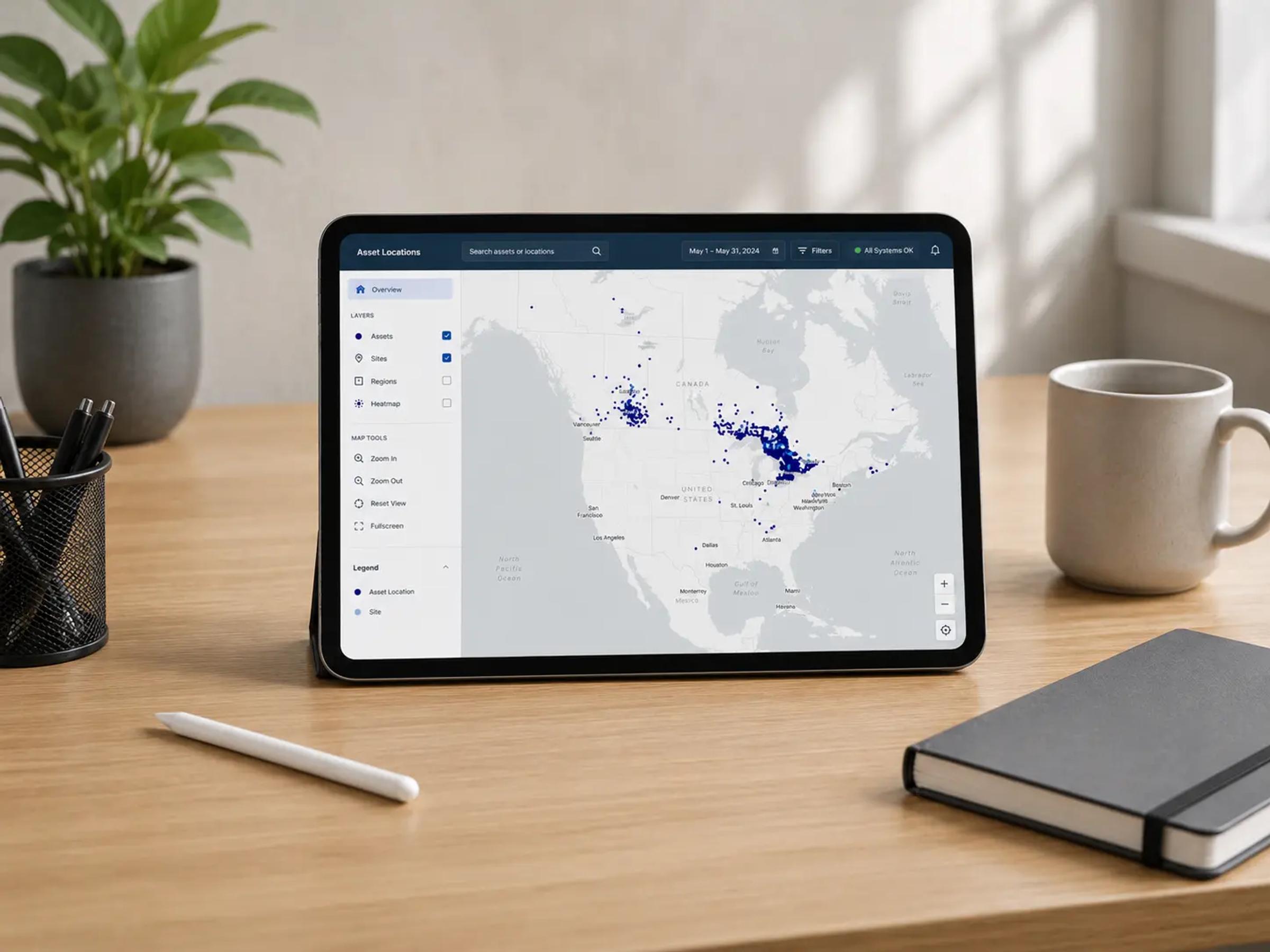 GIS dashboard displayed on a tablet for project data review.