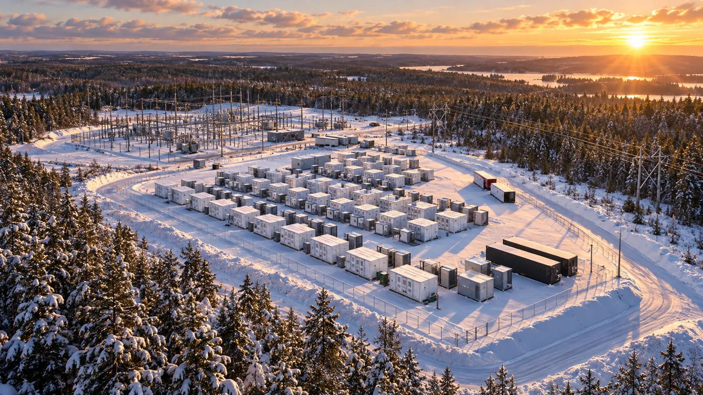 Winter aerial view of the Bridgewater battery energy storage facility in Nova Scotia.