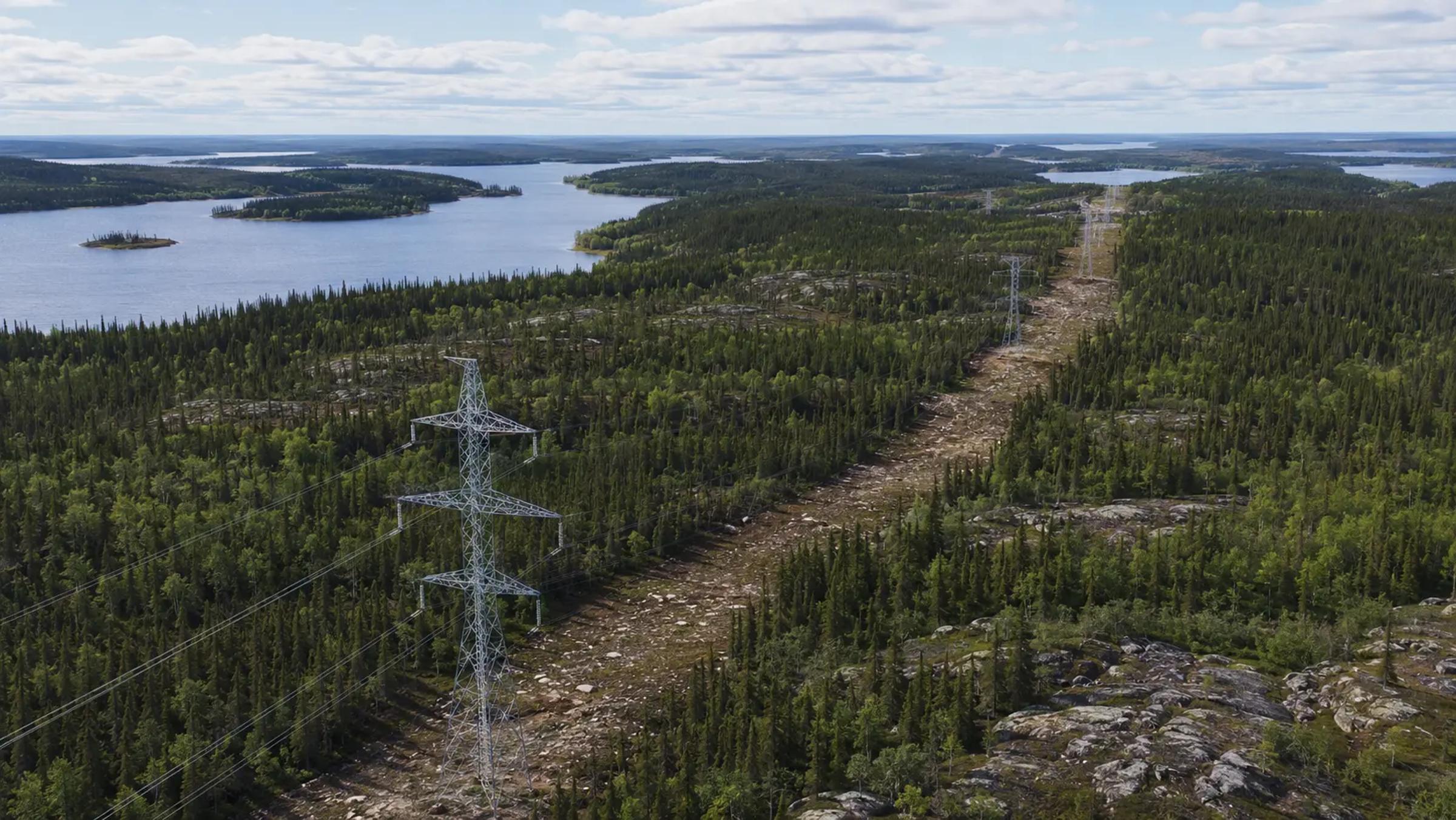 Transmission line corridor through remote forest on the Wataynikaneyap Power project.
