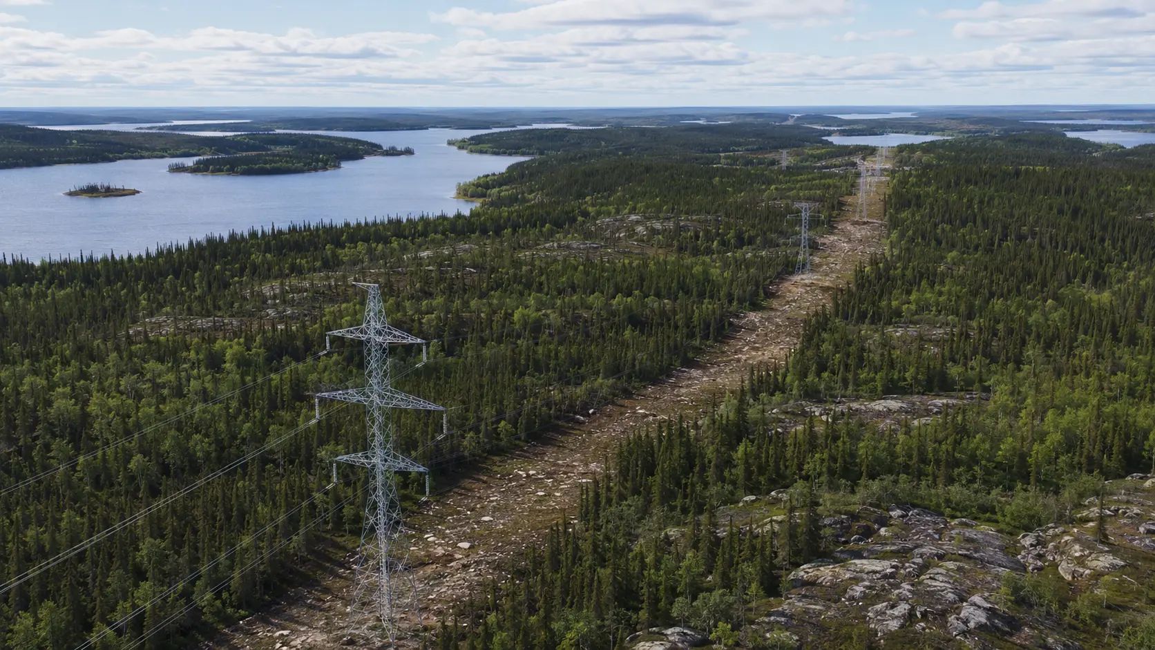 Transmission line corridor through remote forest on the Wataynikaneyap Power project.