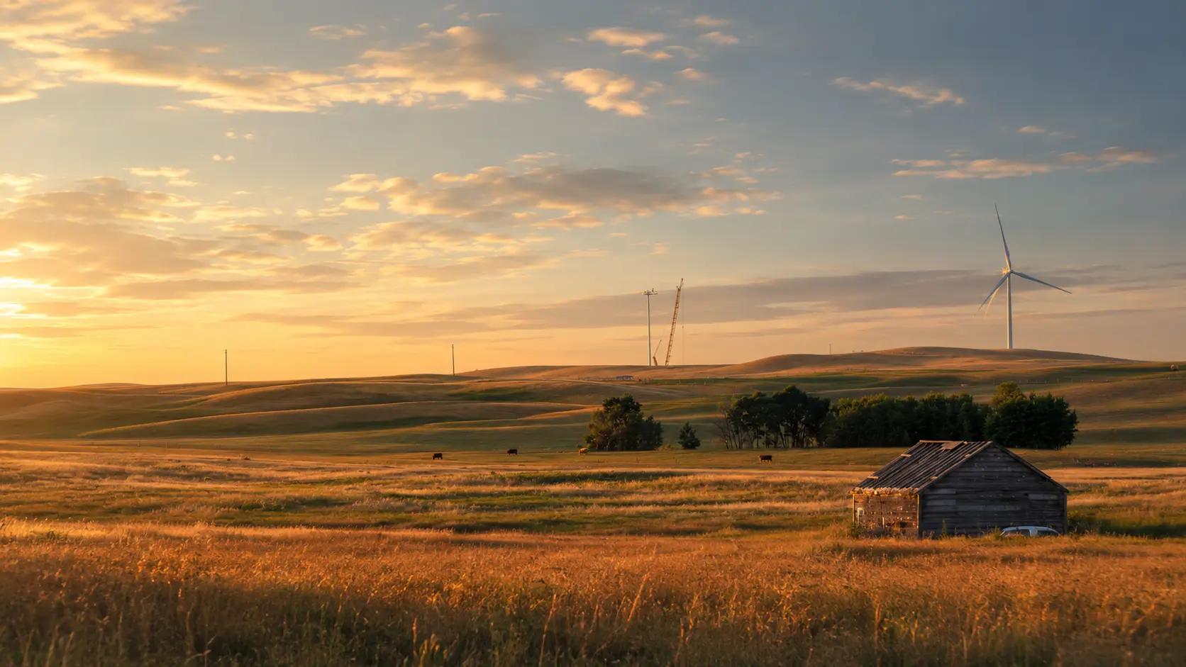 Wind turbines across open rural terrain at sunset.