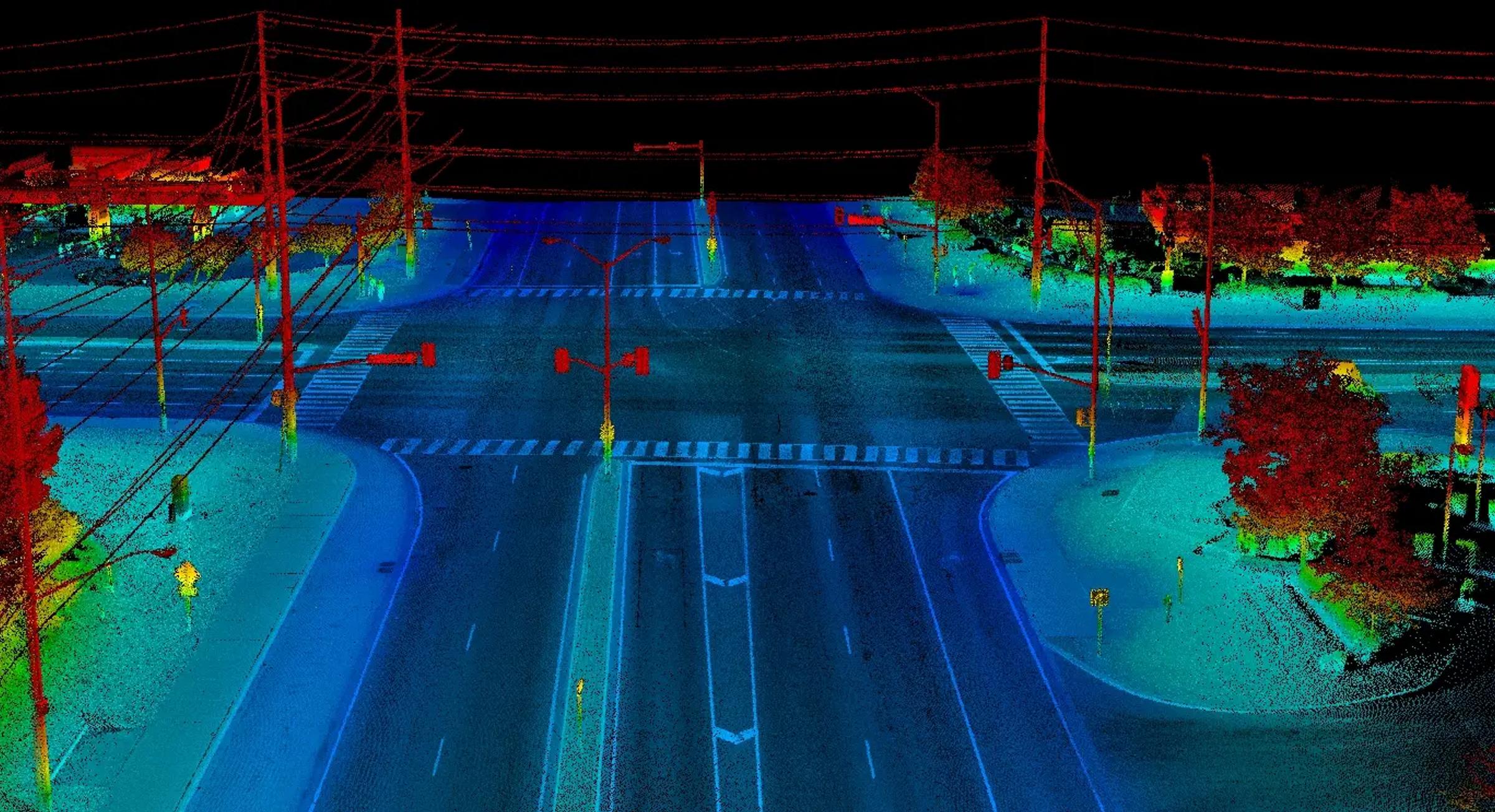 LiDAR point cloud of an intersection and roadside infrastructure in Niagara Region.