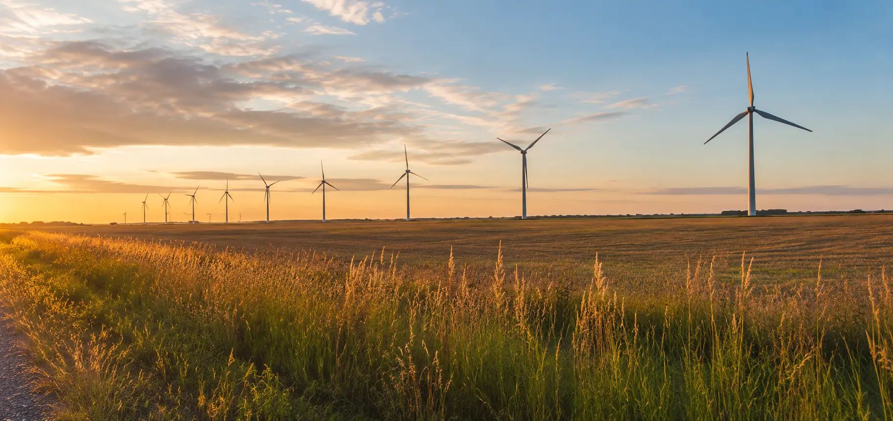 Wind turbines across a rural landscape at sunset.
