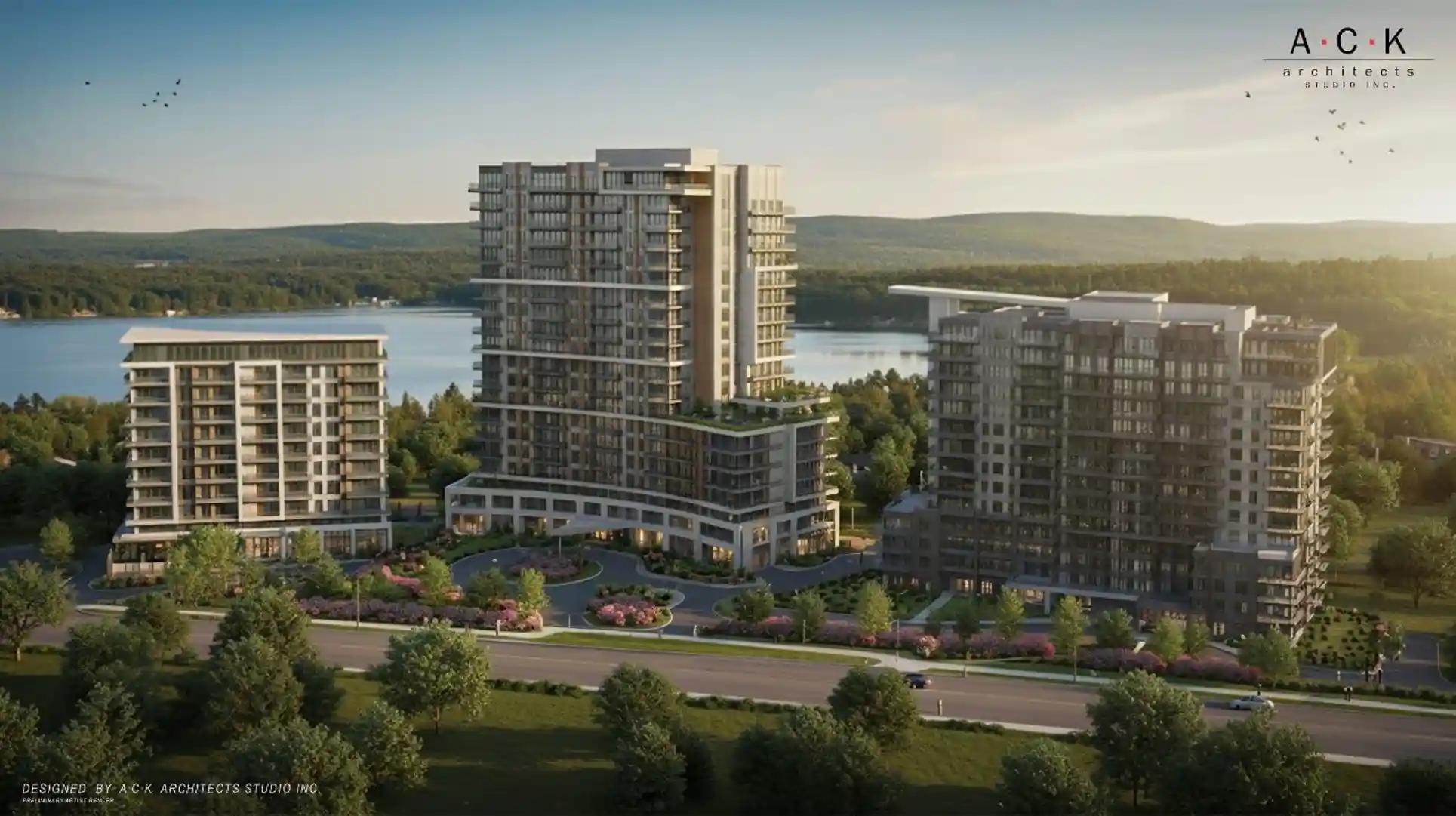 Architectural rendering of the General Hospital development and surrounding site.